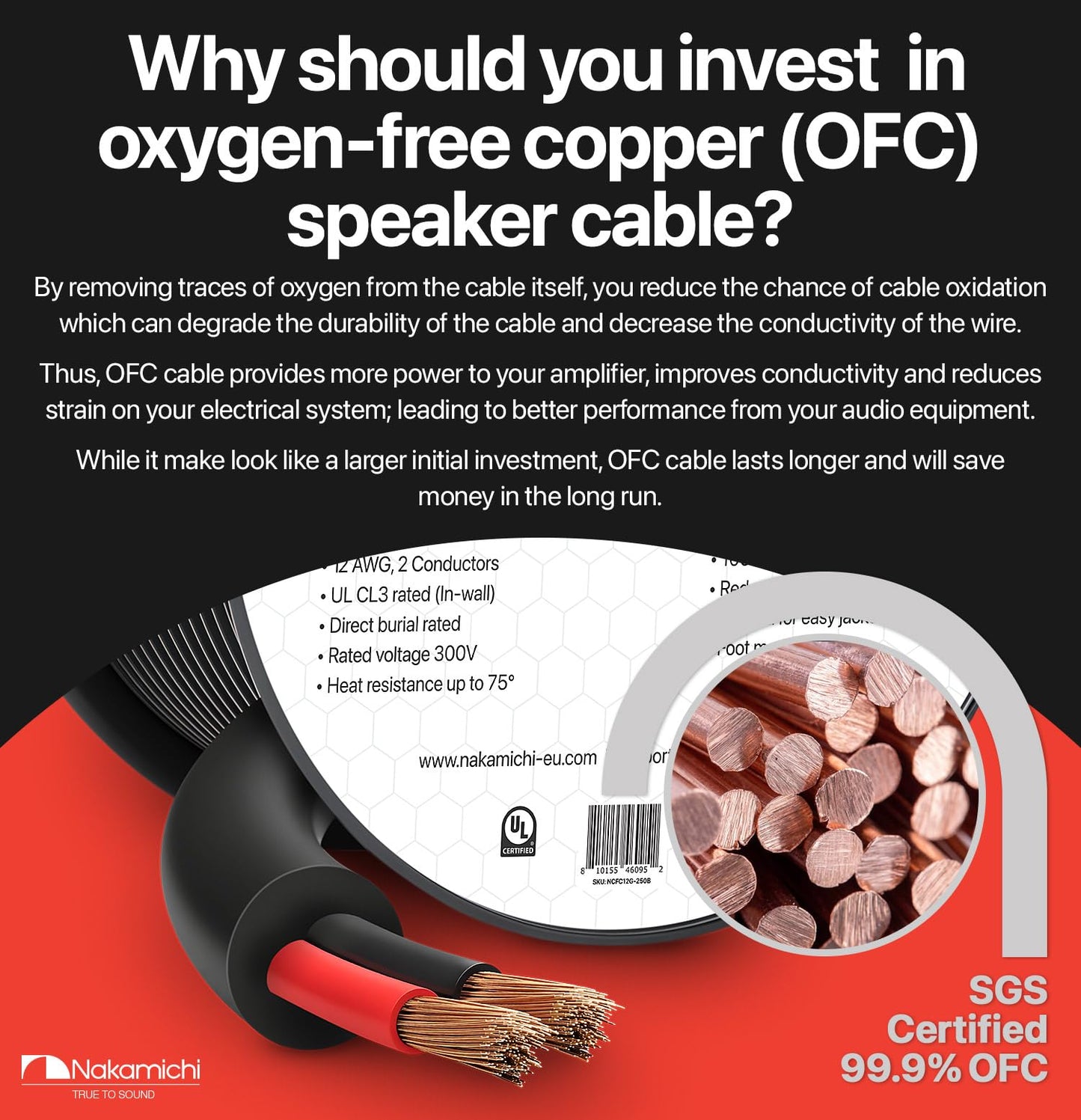 Nakamichi 10/2 (100-Foot) in-Wall & Direct Burial (UL CL2 CL3 Rated) Oxygen-Free Copper (OFC) 2-Conductor Speaker Cable Wire, Outdoor In-Ground, in-Ceiling, Riser, Black (10AWG / 100ft / 30.48m)