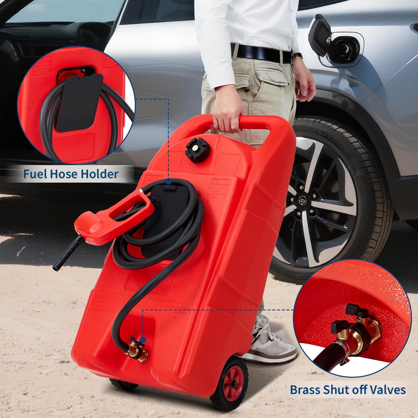 PeacefulHues Upgraded 15 Gallon Gas Tank, Heavy-Duty Fuel Can with Manual Transfer Pump & 10FT Hose, Portable Gas Can with Casters, Leak-Proof Gas Container for Lawn Mowers, Tractor, Boat, Snow Blow
