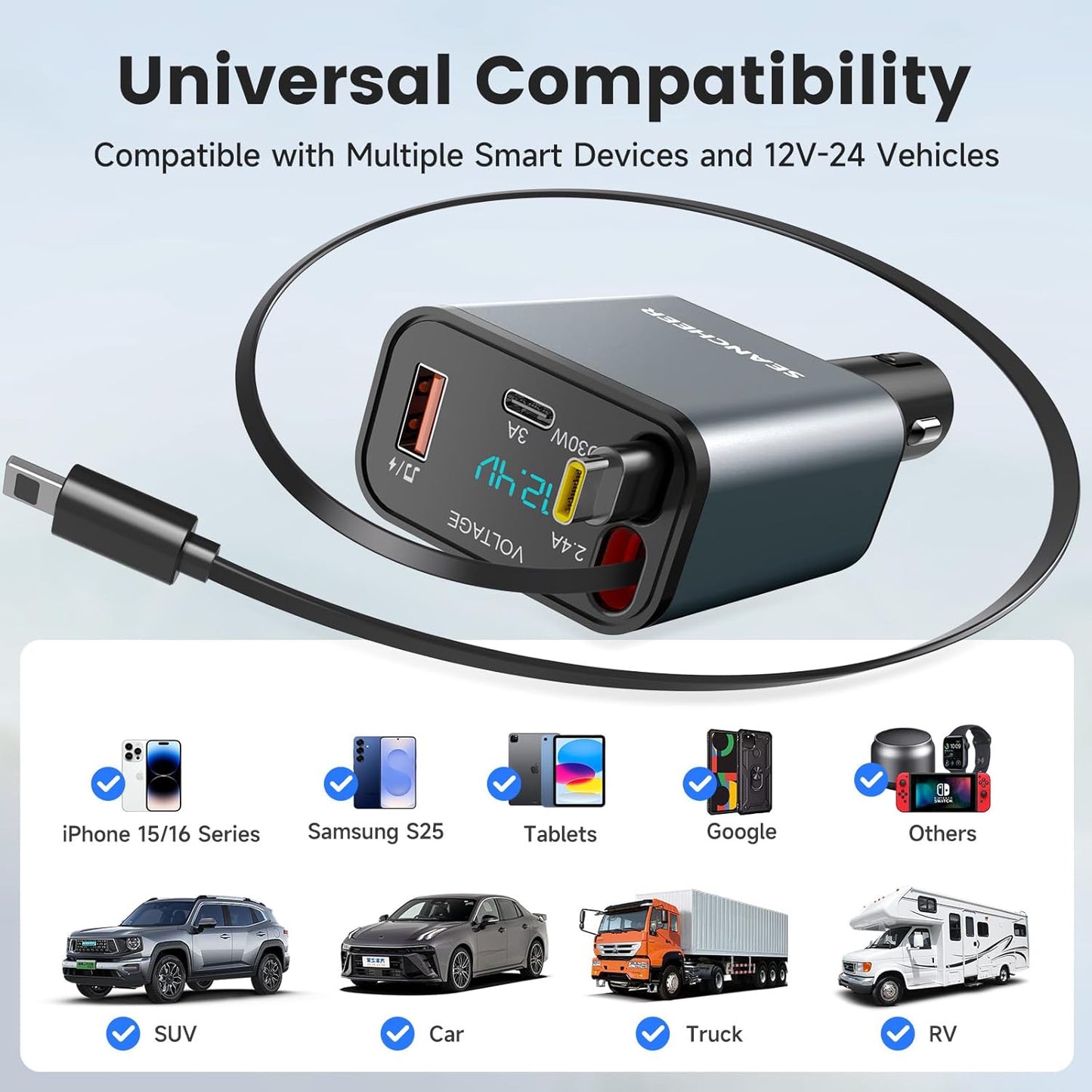 SEANCHEER 69W 2 5.3 Call,MP3 Car Bluetooth Adapter & Car Charger USB C, Cigarette Lighter Adapter with Retractable