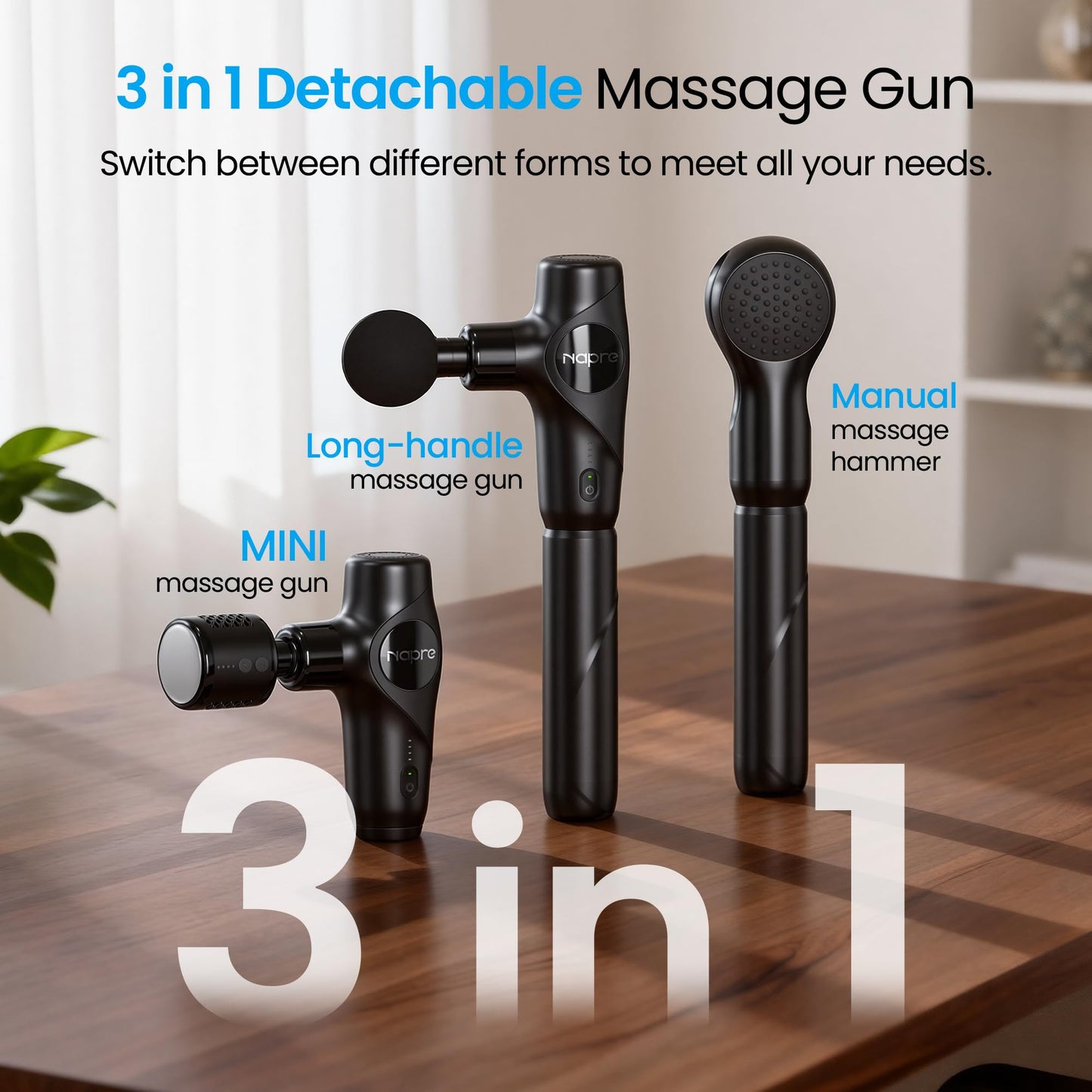 NAPRE 3-in-1 Mini Massage Gun with Heat and Cold,Deep Tissue Back Massage with Detachable Handle for Neck/Body Pain Relief,Portable Handheld Percussion Muscle Massager,Small & Quiet,5 Heads,with Case