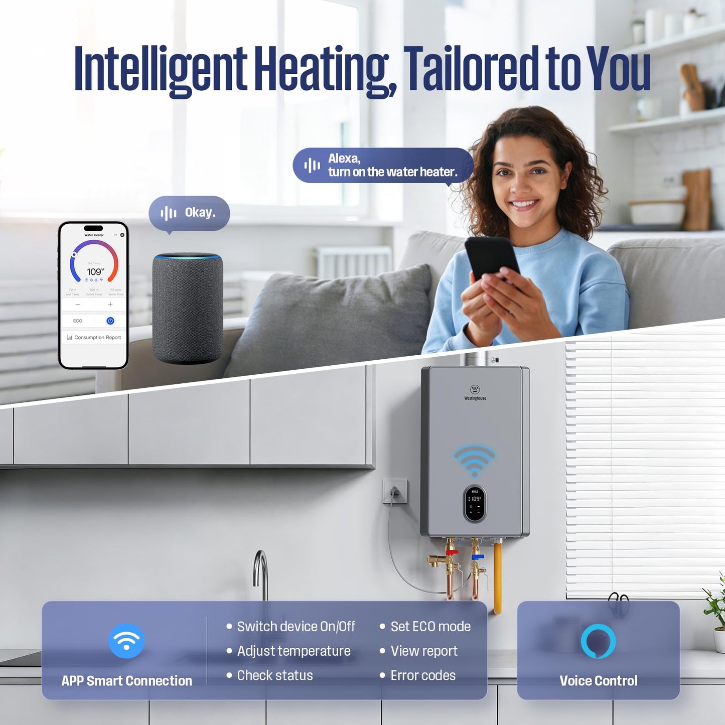 Westinghouse Smart Tankless Water Heater Natural Gas Indoor, 10.3 GPM 199,000 BTU Whole Home Instant Hot Water Heater, WiFi App & Voice Control, ±1°F Temp Stability for 4+ Bathrooms