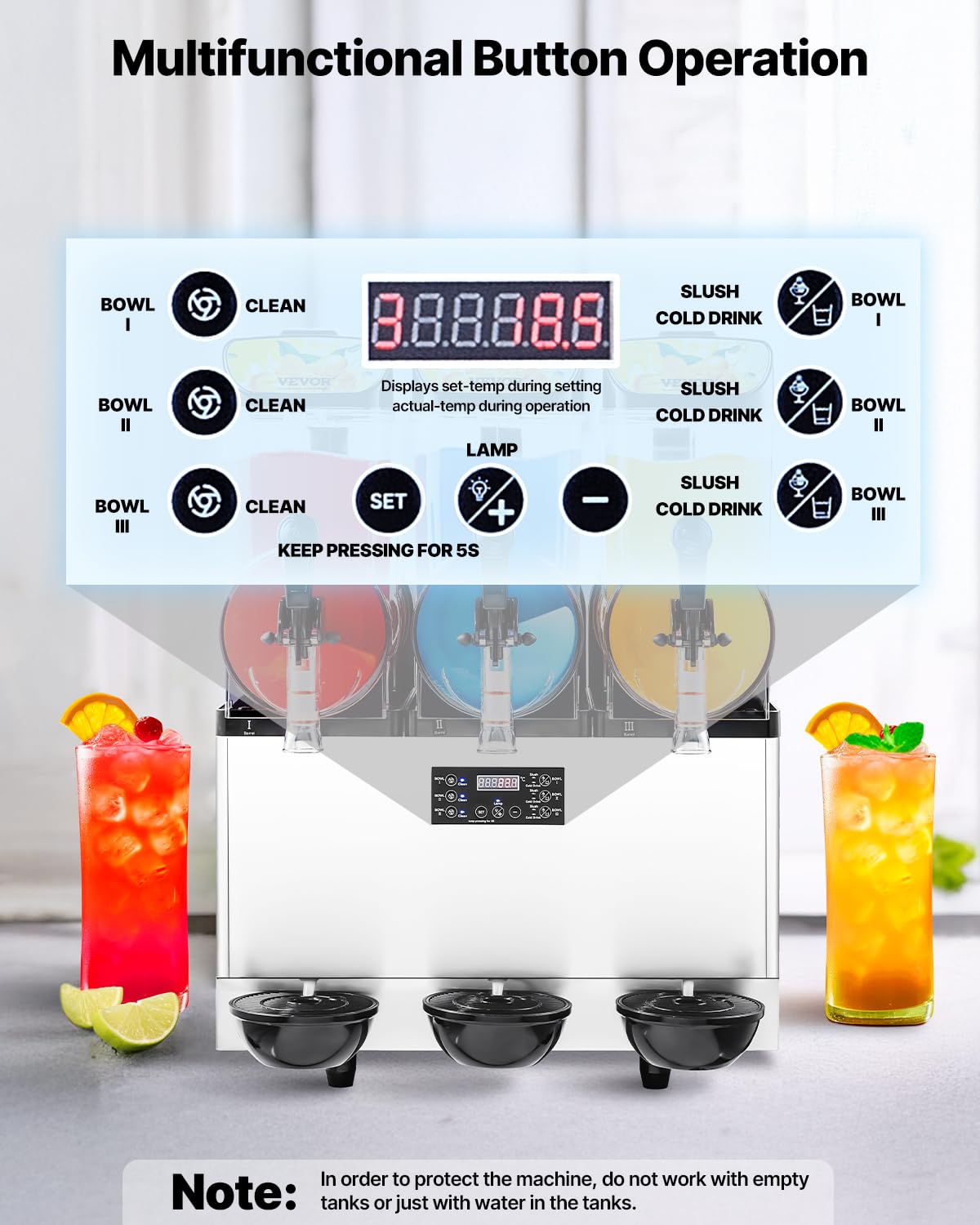 VEVOR Commercial Slushy Machine, 15Lx3 Triple Tank Margarita Machine, 180 Cups Stainless Steel Margarita Smoothie Frozen Drink Machine, Slushie Machine for Party Restaurants Cafe Bars