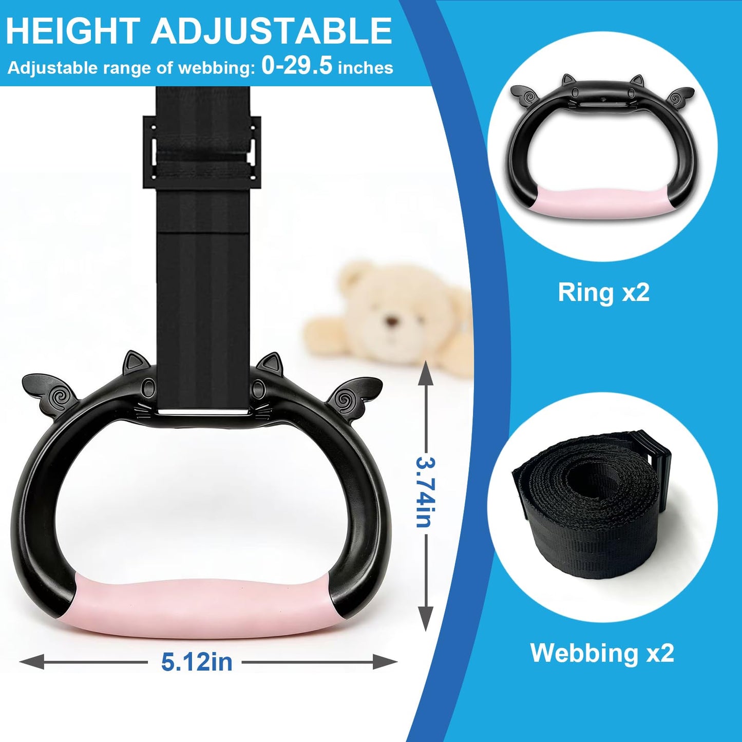 Csoalpo Gymnastics Rings for Kids, Professional Adjustable Extended Straps, 550 lbs Weight Capacity, Featuring Premium Non-Slip Grip Design, Suitable for Indoor/Outdoor Strength and Fitness Training.