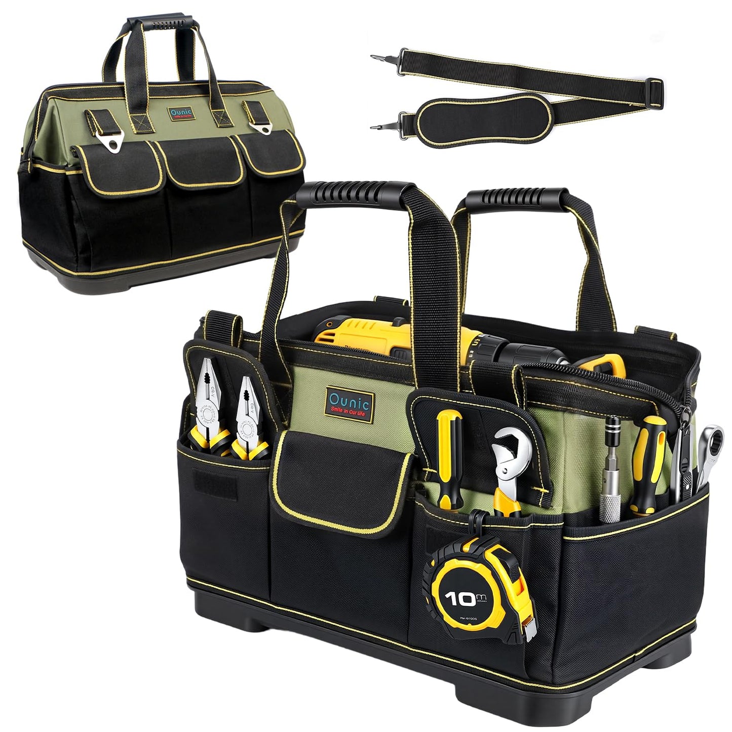 Tool Bag, Ounic 18 Inch Large Tool Tote Bag Heavy Duty With Waterproof Molded Base, Wide Mouth Tool Box Organizer with Adjustable Shoulder Strap for Electrician Mechanic Craftsman Plumbers(Green)