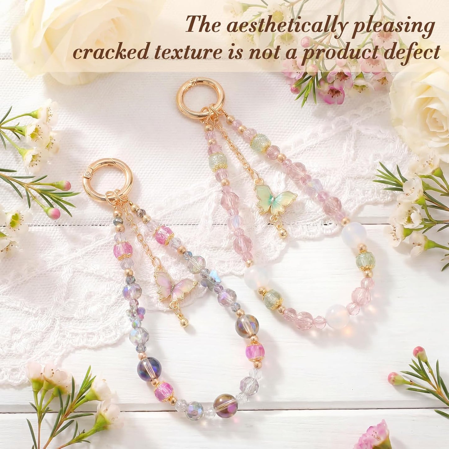 2 BESARME Pcs Phone Charm Wristlet with Crystal Beads and Butterfly Pendant, Includes Tether Tab for Easy Attachment