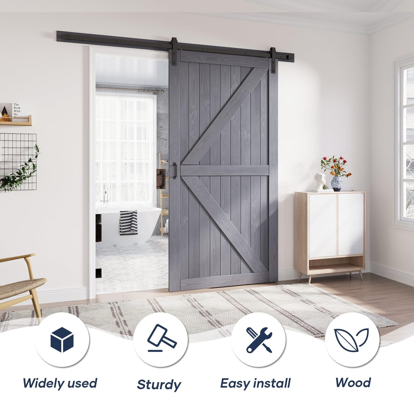 FREDBECK 48in x 96in Gray Wood Barn Door Slab with 8ft (96inch) Barn Door Hardware Track Kit Included, Double Surfaces,Simple Assembly is Required,K-Frame,Grey