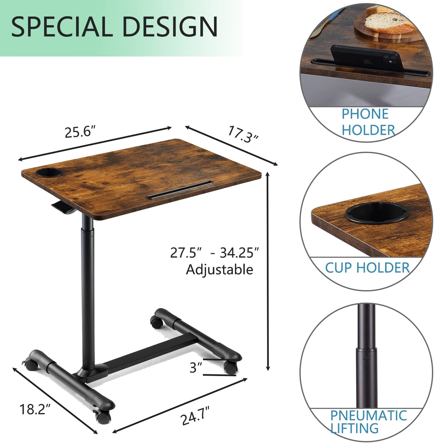 ETHU Overbed Table with Hydraulic Lift, 27.1-34.2 Inch Height Adjustable Bed Table with Lockable Casters - Wood Grain Tabletop with Cup Holder & Charging Slot, 22lbs Capacity Rolling Bedside Desk