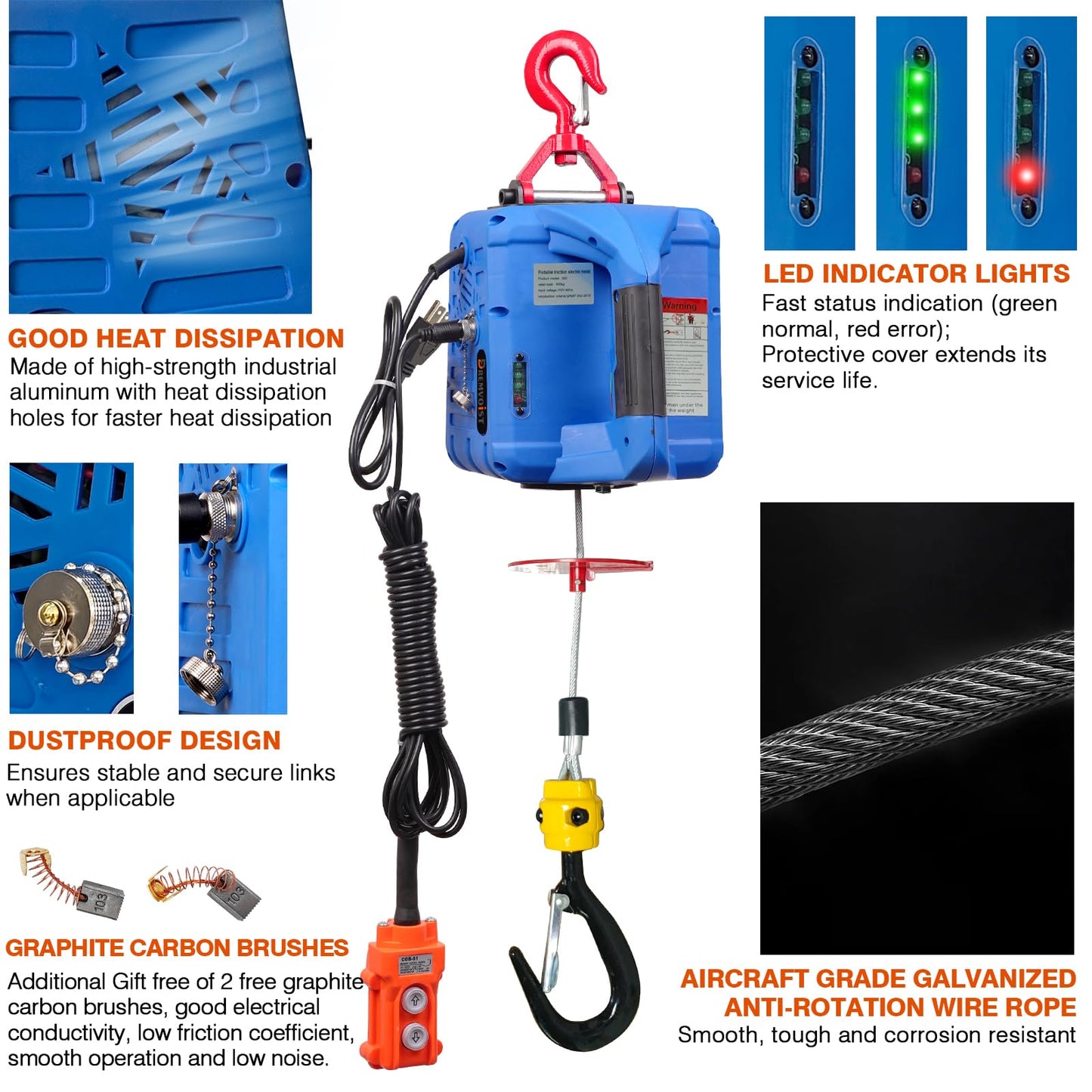 Dremvoist 3 in 1 Electric Hoist Winch,1100LB 1500W Portable Power Winch Crane,110V/120V Electric Winch Crane with Manual Wire Wireless Remote Control,26FT Lifting Height,for Towing,Warehouse,Factories