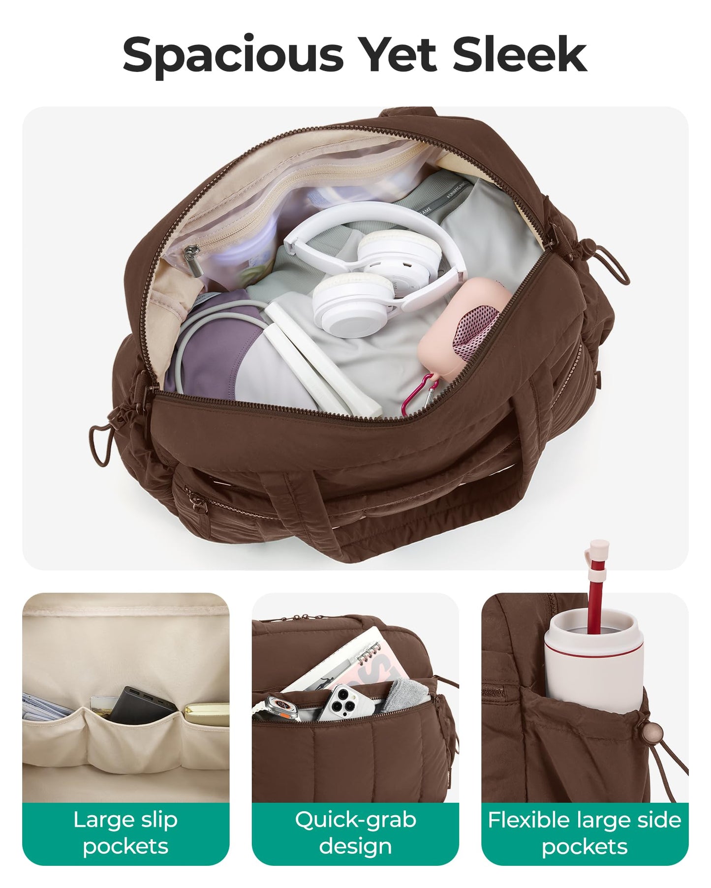 BAGSMART Gym Bag for Women, Duffle Bag for Travel with Wet Pocket, Lightweight Carry on Weekender Duffel, Water Resistant, Chocolate