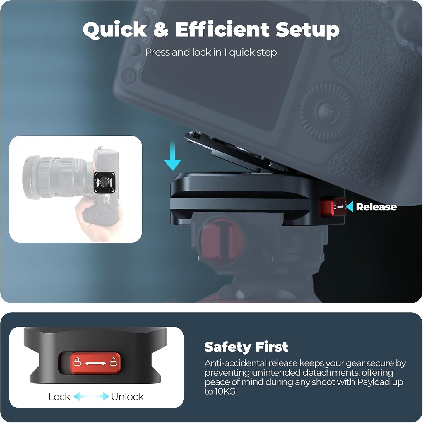 FREEWELL 1/4"-20 10kg, Tripod Quick Release Clamp for Fast Camera Mounting, Aluminum Build with Screw, Supports