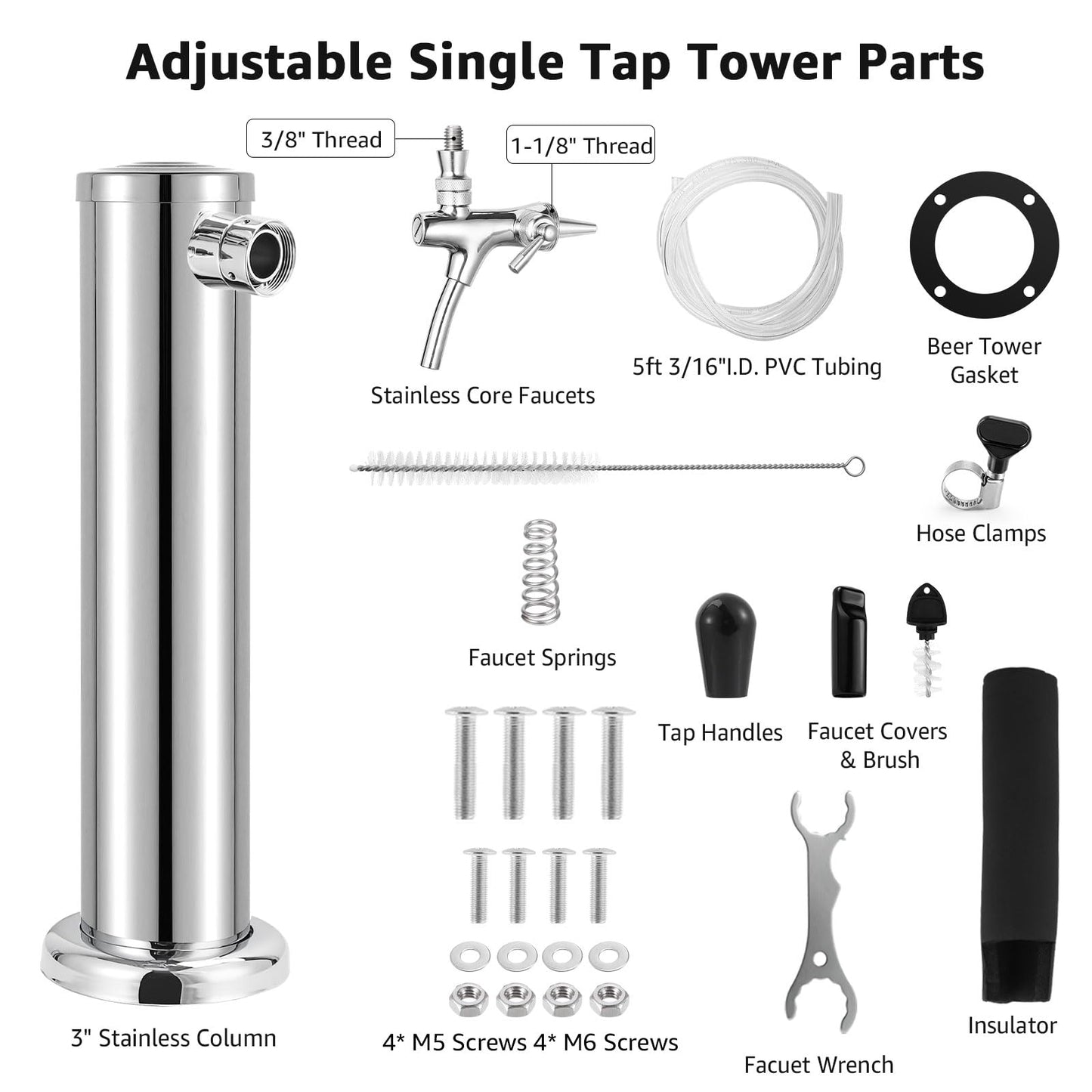 Adjustable Single Tap Tower Kegerator Tower, Draft Beer Tower Keg Tower with Kegerator Parts, Stainless Steel Core Pre-assembled Beer Line Beer Tower Dispenser for Homebrew