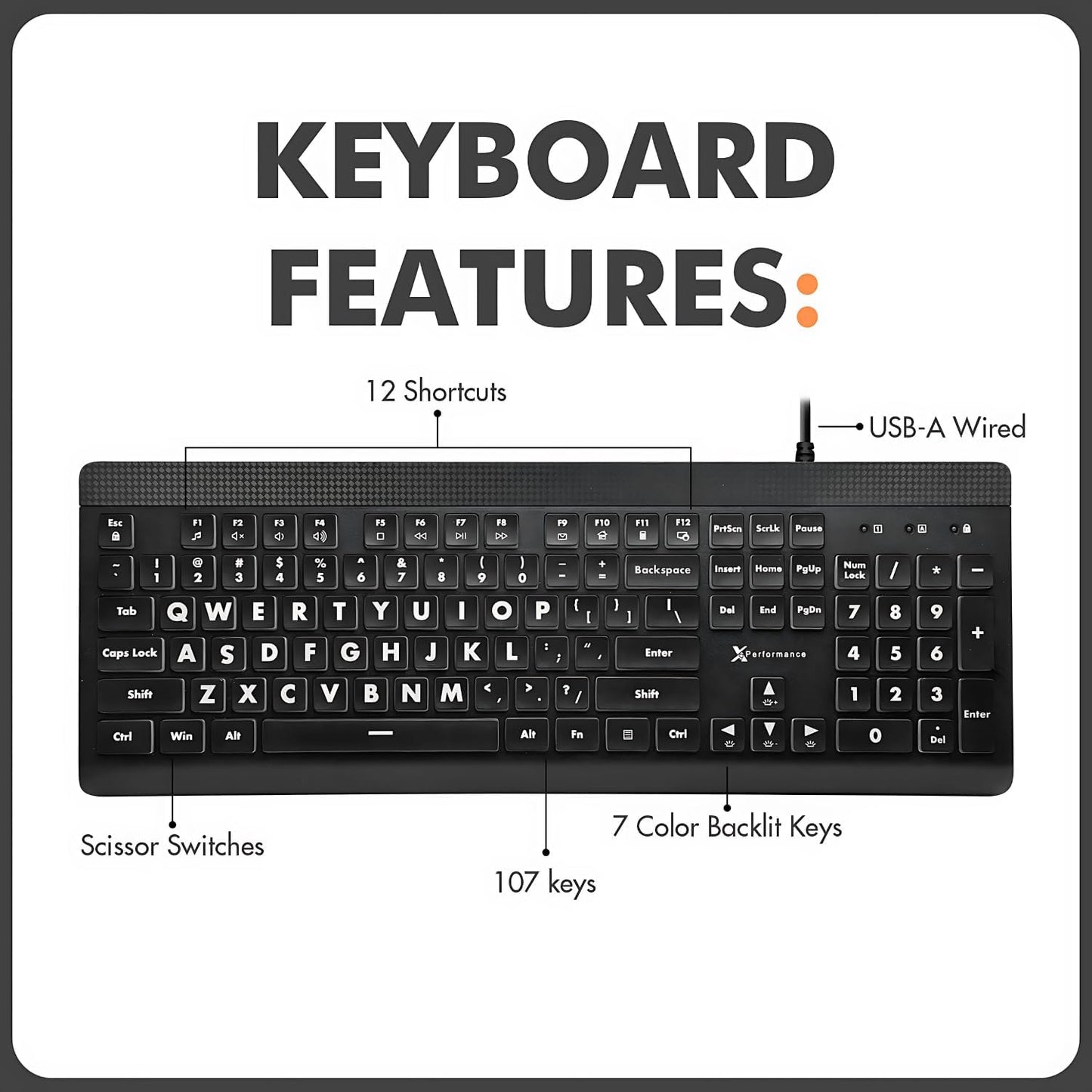 X9 Performance X9 7-Colors Large Print Backlit Computer Keyboard - Easy to See Big Letters - Lighted USB Wired Keyboard