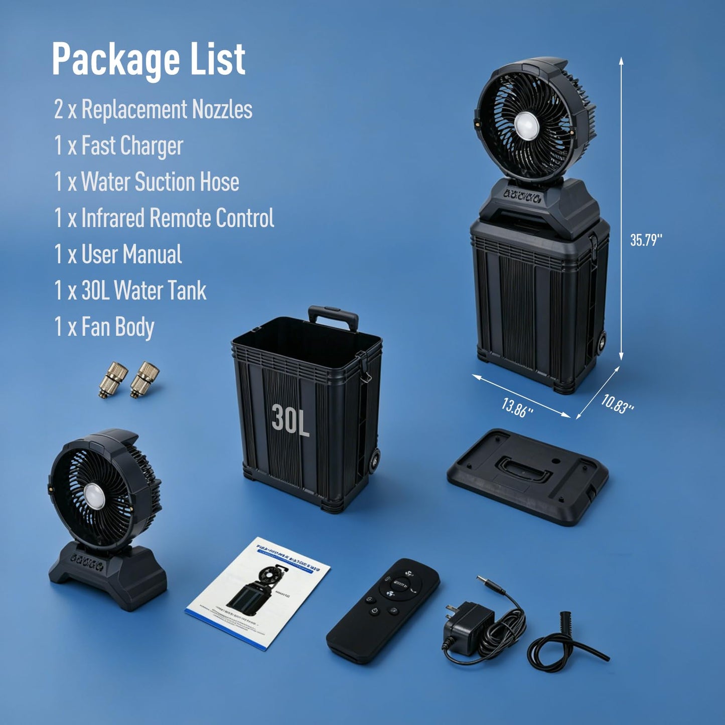 ZMLBTF Portable Misting Fan, 30L Water Tank Rolling Mist Fan, 30000mAh Rechargeable Outdoor Cooling Fan with Remote, 4 Speeds, 90° Oscillation, for Patio, Camping, Sports, Outside & Travel (Black)
