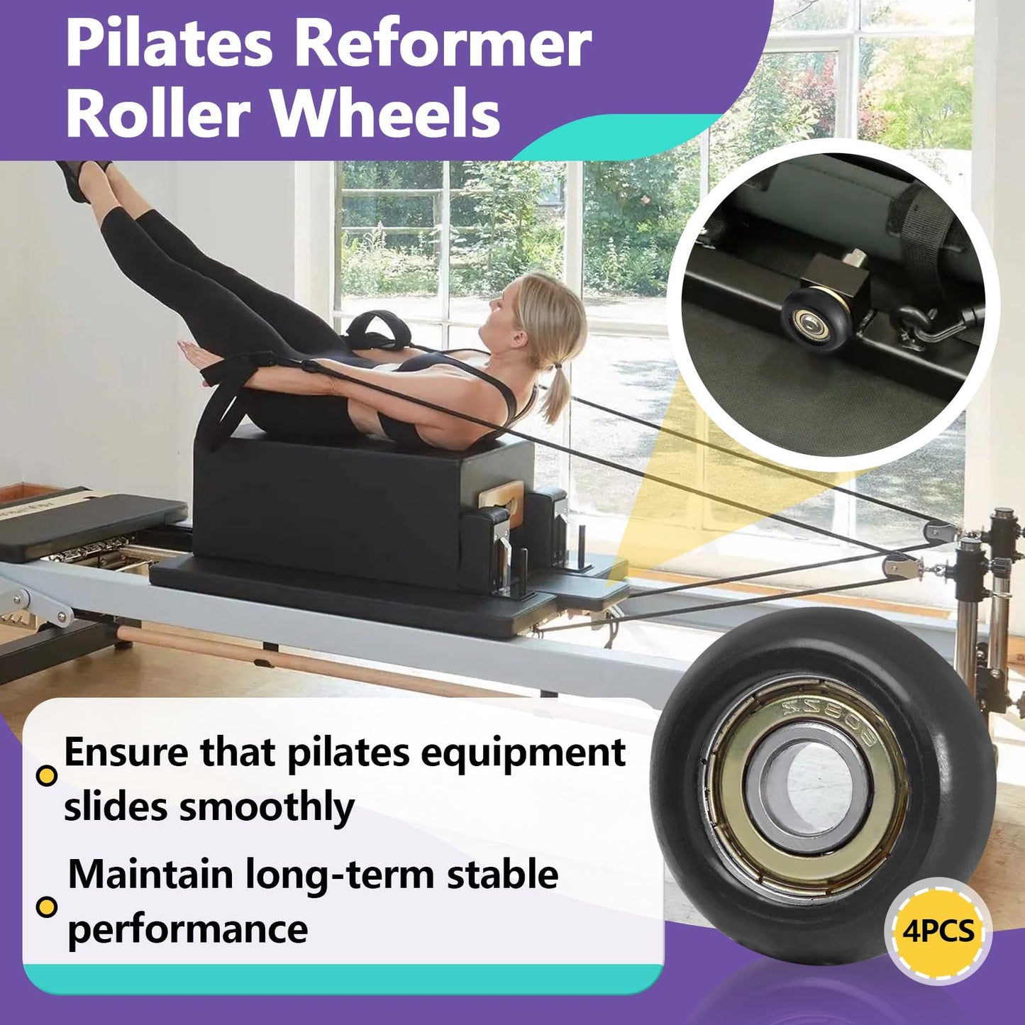 4 PCS Black Roller Wheels Replacement Compatible with Aero Pilates Reformer, Pilates Reformer Machines Wheels, Smooth and Quiet Sliding
