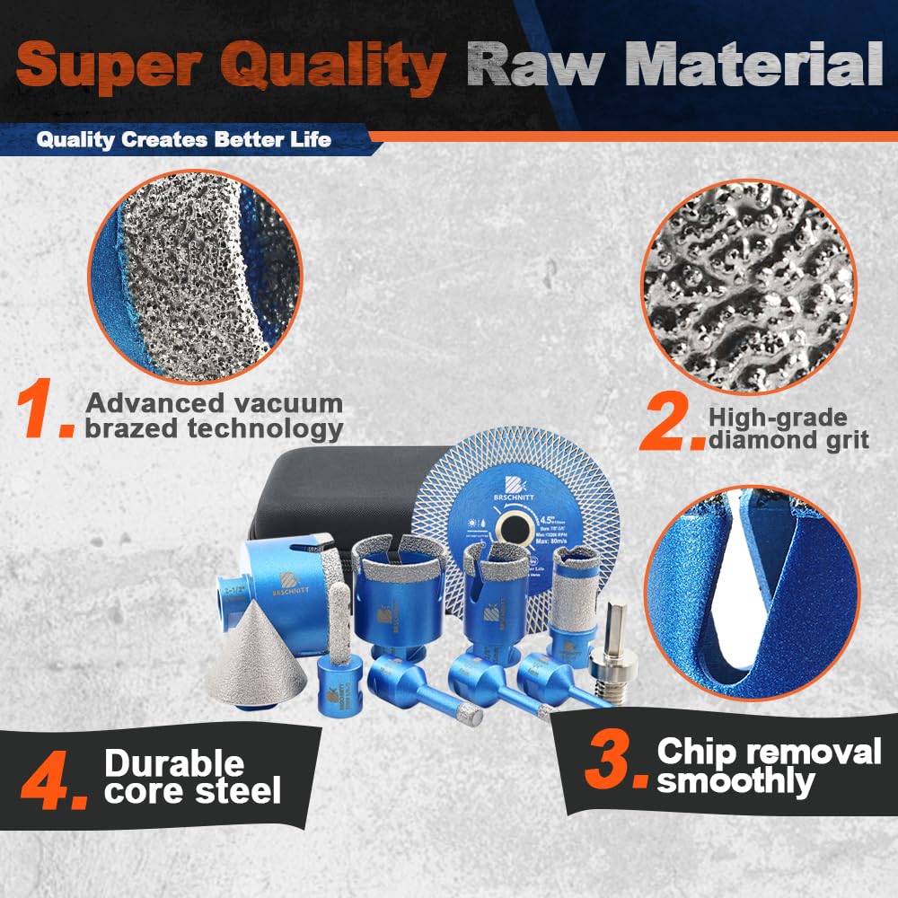Tile Hole Saw Kit - BRSCHNITT Diamond Core Drill Bit 1/4" 5/16" 3/8" 1-3/8"2" 2-1/2"& 3/8" 1" Finger Bit & 2" Chamfer Bit for Porcelain Tile Ceramic Marble Granite & Diamond Blade