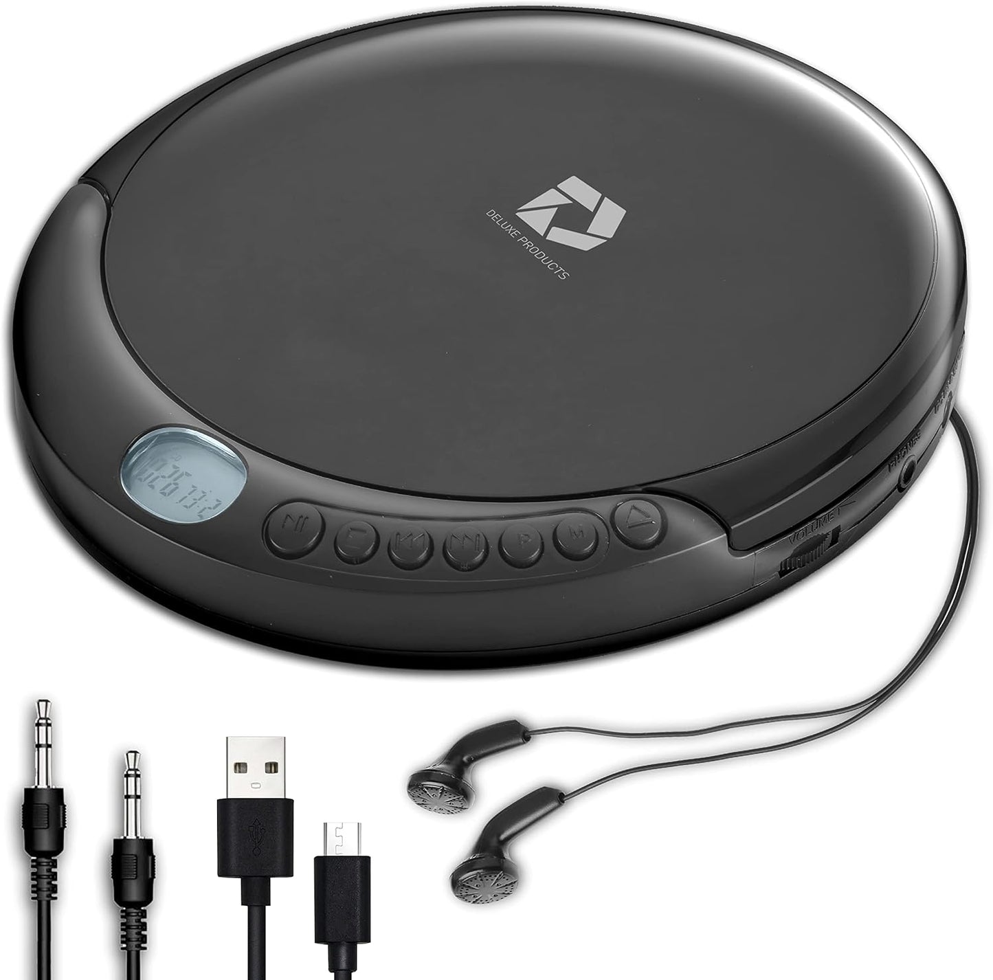 Deluxe Products 60 CD Player Portable with Second Anti Skip, Stereo Earbuds, Includes Aux in Cable and AC USB Power