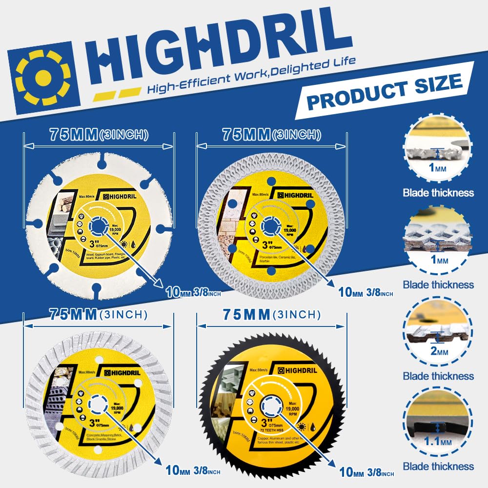 HIGHDRIL Diamond Hole Saw Kit - 6/6/8/20/25/35/50/75/100mm Drill Bits and HIGHDRIL 3" 75mm Circular Saw Blade Set 4pcs - Diamond/HSS/Carbide Cutting Disc