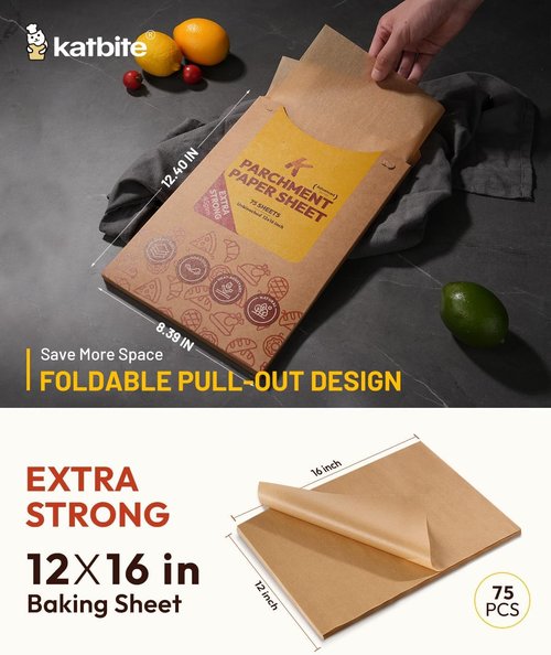 Katbite Unbleached Parchment Paper Sheets - 75 Pcs Heavy Duty Non-Stick 12x16 IN for Baking & Air Fryer