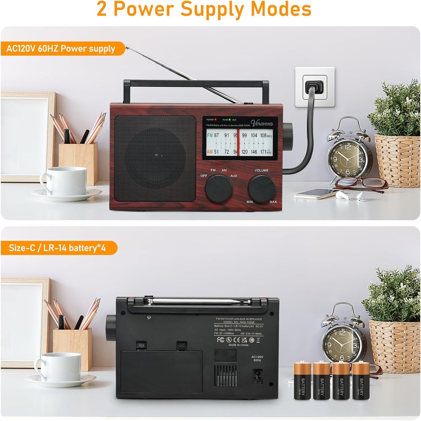 Veravoxes Portable AM/FM Radio with Bass Control, Equipped with a Built-in high-Power Speaker, Headphone Jack, and AUX