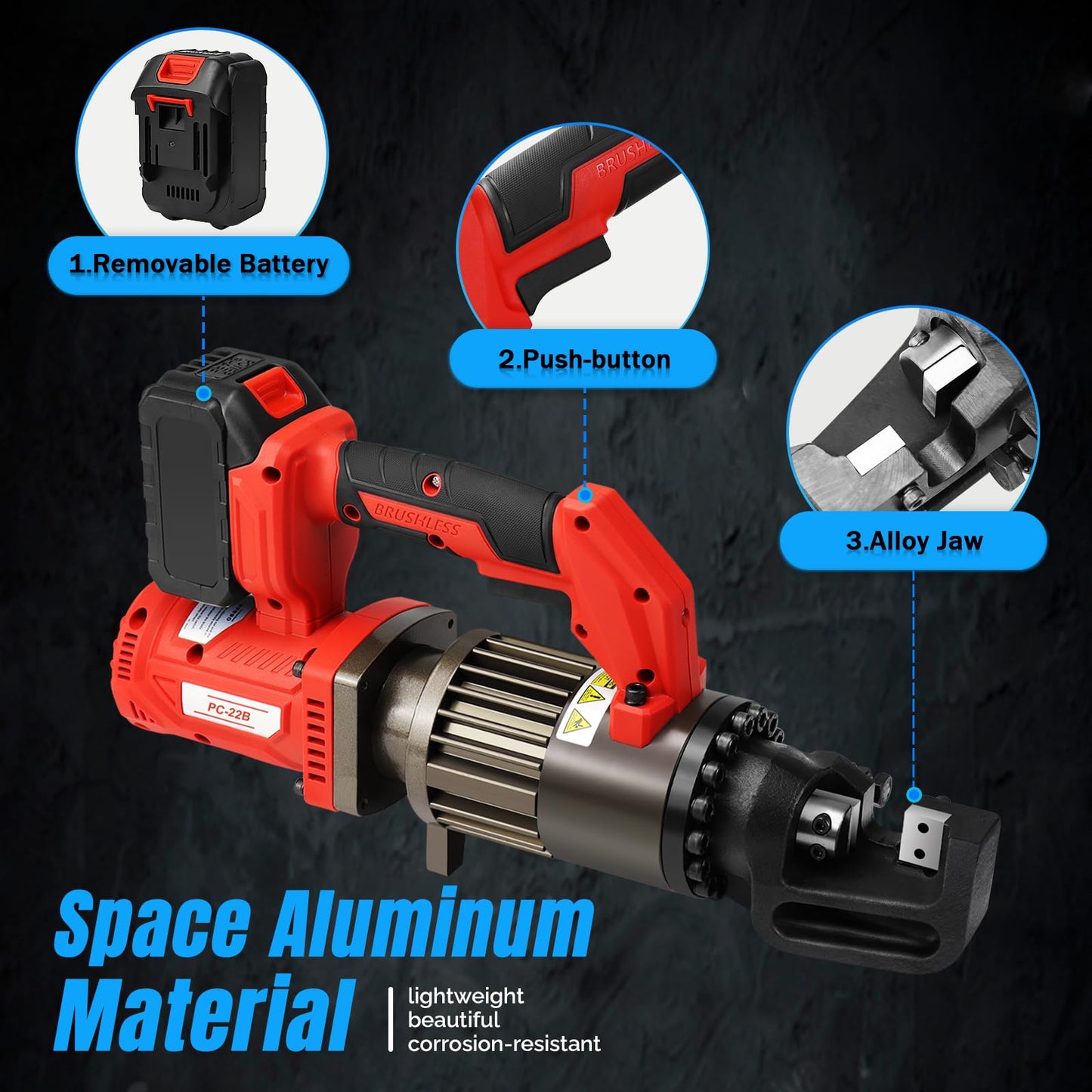 LOSCHEN Cordless Rebar Cutter,Electric Hydraulic Rebar Cutter,Portable Handheld Rebar Cutting Saw,Cutting up from 3/20" (4mm) #3 to 7/8" (22mm) #7 Rebar (Li-ion Battery Version)