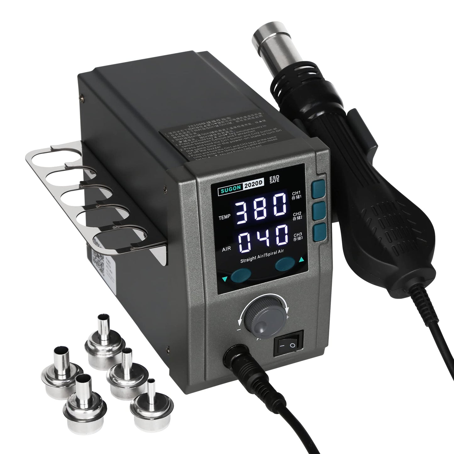 SUGON 2020D Hot Air Rework Station 700W High Power, Temp 212°F-932°F Fast Heating, ℉/℃,3 Memory Storage, Automatic Sleep,110V Hot Air Gun Station with Quick Change Nozzle Bracket and 5 Nozzles