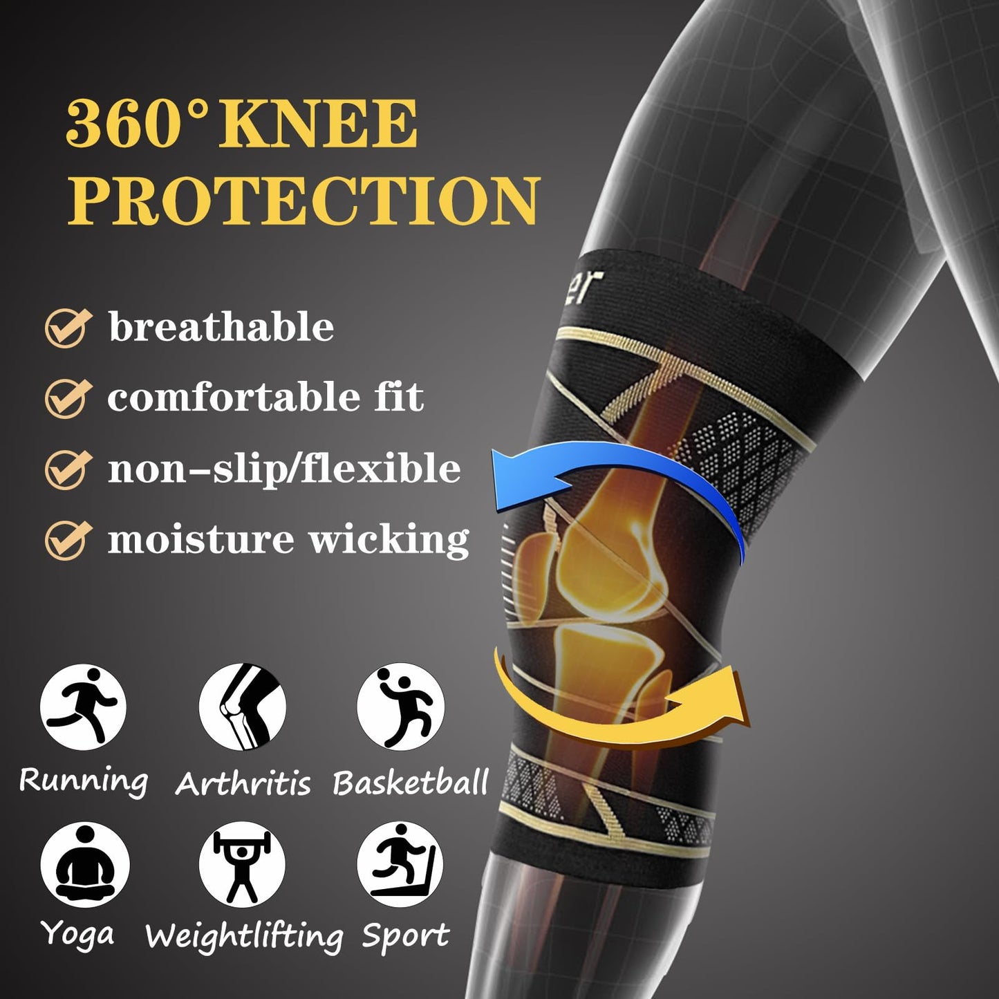 Copper Knee Braces with Strap for Knee Pain Women and Men(2 Pack), Knee Compression Sleeve for Arthritis, ACL, Meniscus Tear, Joint Pain Relief, Knee Support for Working, Running, Weightlifting(L)