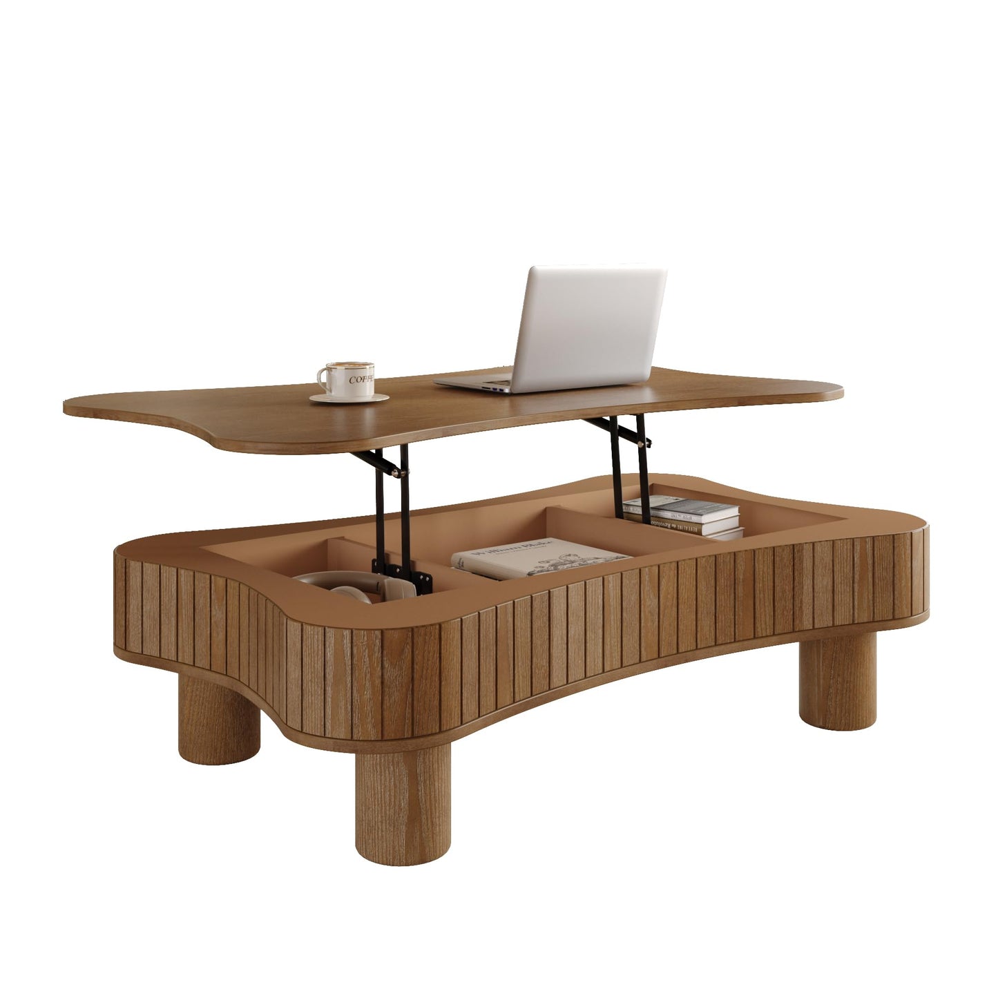 Zurnes Lift Top Coffee Table with Storage, 42" Accent Table for Living Room, Fluted Panel Hidden Storage, Silent Hydraulic Lift, Curved Corners, Easy Assembly, Walnut