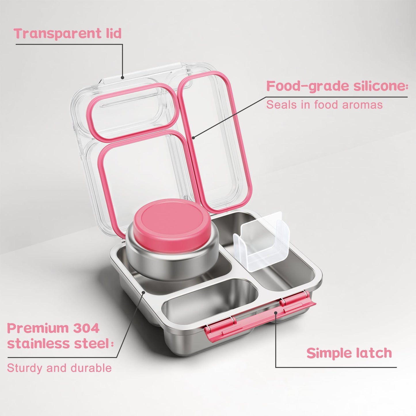 Pawtong Stainless Steel Bento Box Kids Adult with 7oz Insulated Food Jar, Transparent Lid Metal Lunch Box With Soup Thermal Jar, Lunch Box Container with Removable Divider & Sauce Cup School (Pink)