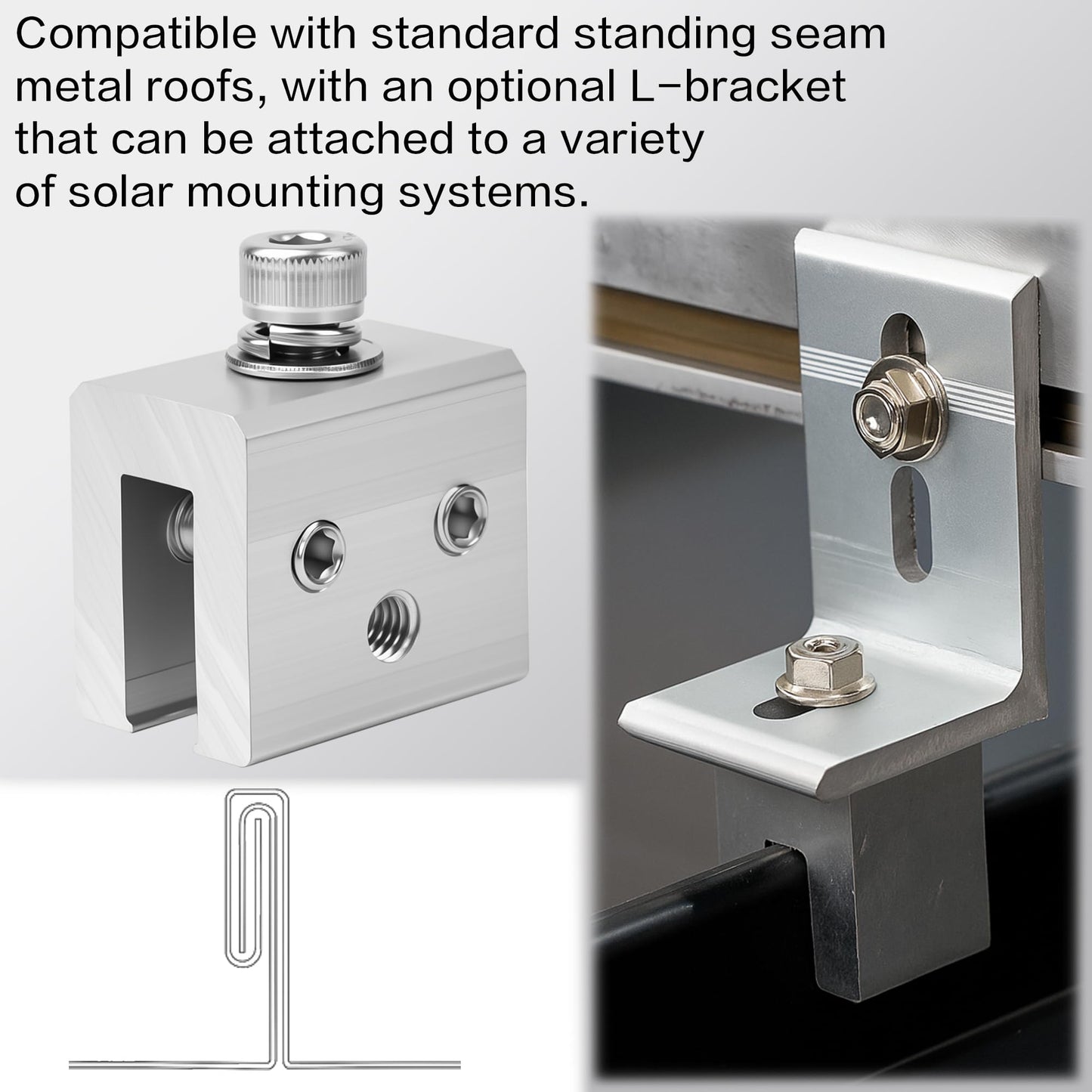 Mindoub 48 PCS Metal Roof Panel Clamps for Standing Seam Roofs, Non-Penetrating Aluminum Brackets with Stainless Steel Screws for Solar Racking Systems, Snow Guards, and Heat Cables, U-Shaped Base