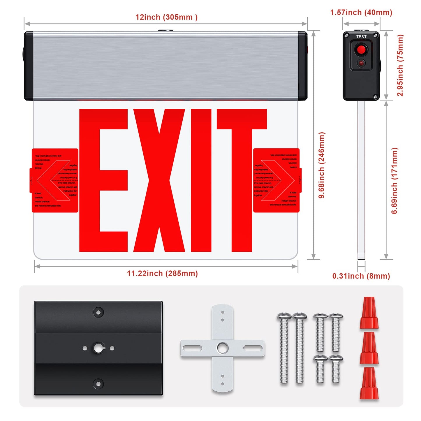 Red LED Edge Lit Exit Sign UL Listed, Brushed Aluminum Housing Single Sided Clear Acrylic Emergency Exit Signs with Battery Backup, AC 120-347V Hardwired Exit Lights, Top/Side/Wall Mount (1 Pack)