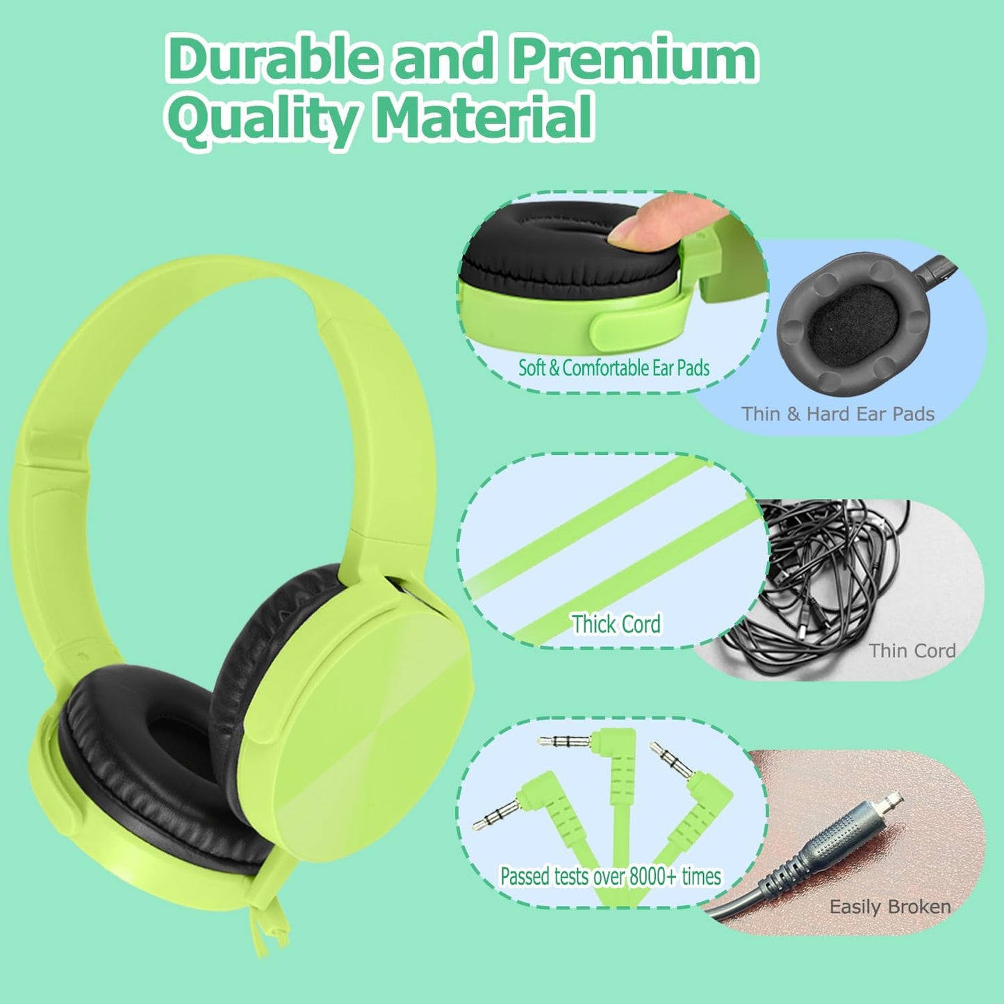 2 Pack K-12, 3.5mm Kids Headphones for School Classroom Swivel Foldable, HD Stereo, Jack Wired Headphone for Kids