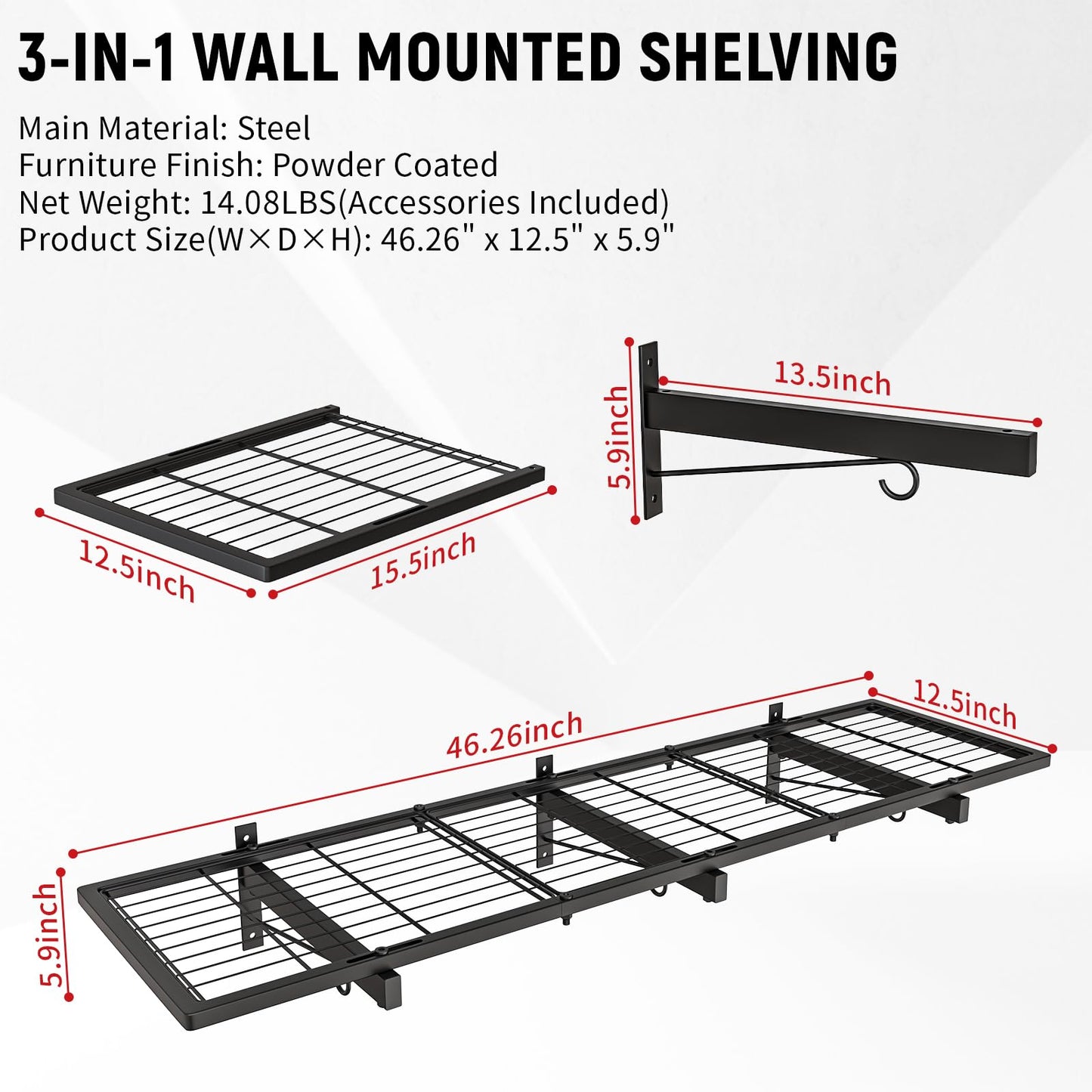 2 Pack Garage Wall Shelves, 46"X 12.5" Garage Shelving Wall Mounted, Heavy Duty Shelf Organizer with 8 Hooks, Black Floating Storage Metal Rack 320 LBS Capacity for Laundry Room, Office, Basement