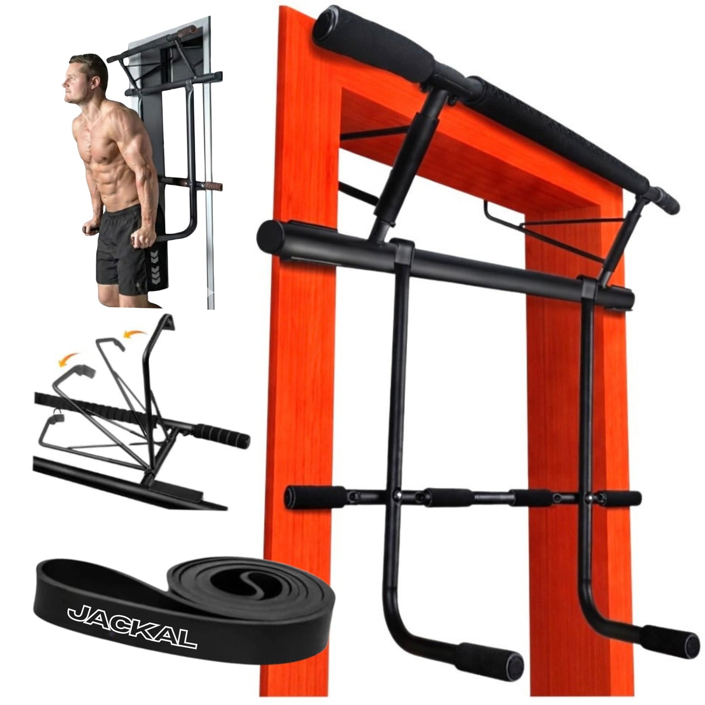JACKAL Door Pullup Bar and Dip Bar Station - Removable Dip Bars, Rigid NO WOBBLE, Easy Folding Storage, No Screws, Dip Station and Pull-up Bar for Doorway, Collapsible Dip Station, No Door Damage, High Weight Capacity, Foldable Bodyweight Workout Station