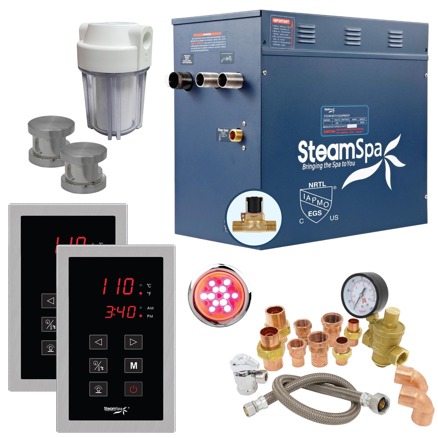 SteamSpa 12kW Steam Sauna Generator Executive Bundle 240V Steam Generator with Touch Pad, Steamheads, Pressure Relief Valve, Built-in Auto Drain, LED Light, Filter and Quick Install Kit EXT1200BN-A