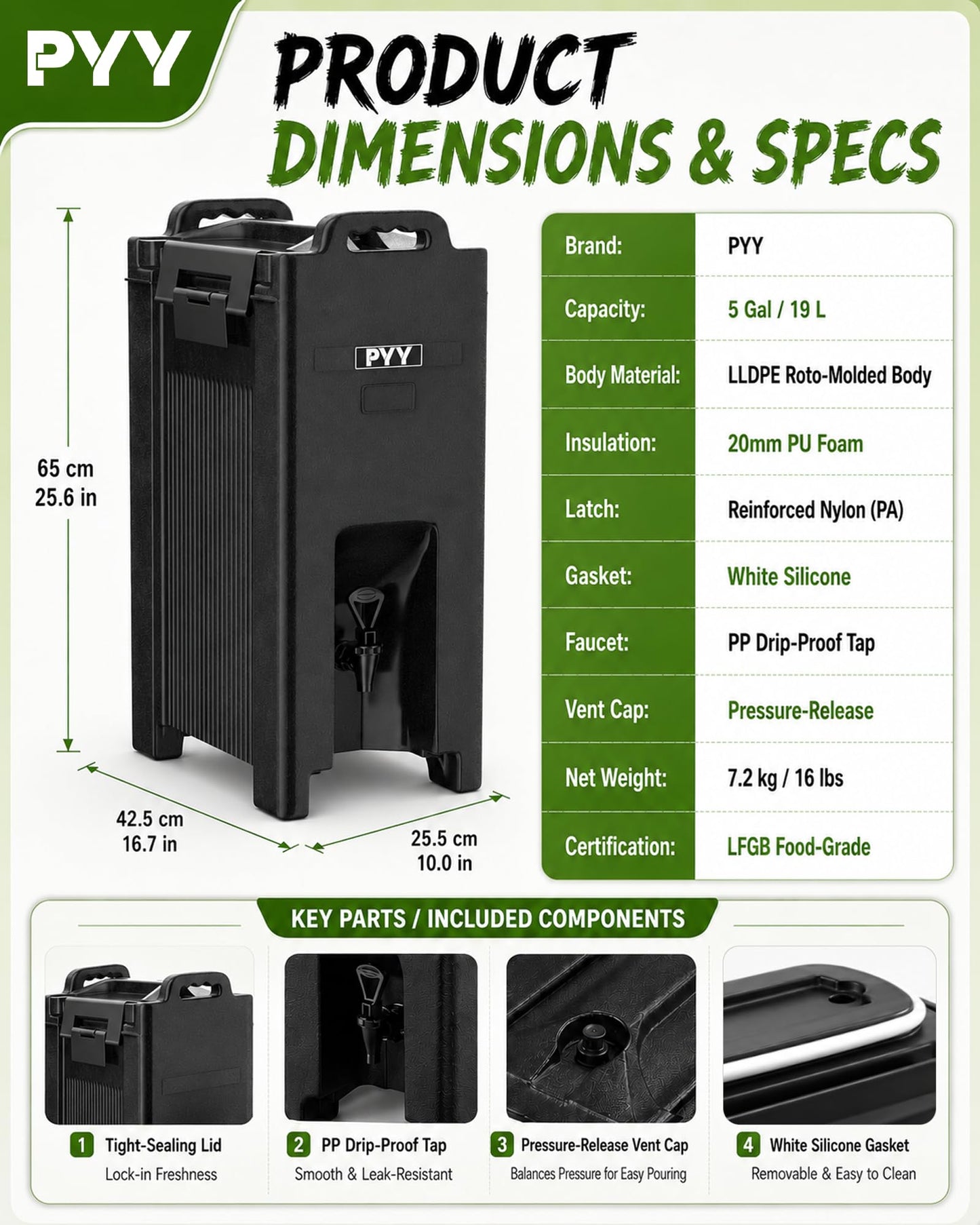 PYY Insulated Beverage Dispenser 5 Gallon - Hot and Cold Drink Container with Handles, Thermal Drink Dispenser Cooler Server carrier For Commercial Catering Black