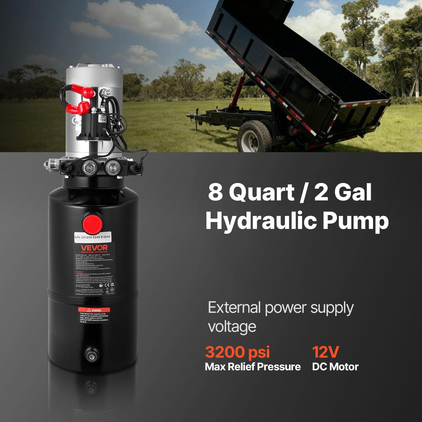 VEVOR 8 Quart Hydraulic Power Unit, Double Acting Dump Trailer Pump, 3200 PSI Max Relief Pressure & 0.91 GPM Flow Rate, DC 12V Hydraulic Pump with Metal Reservoir for Dump Trailer Car Lifting