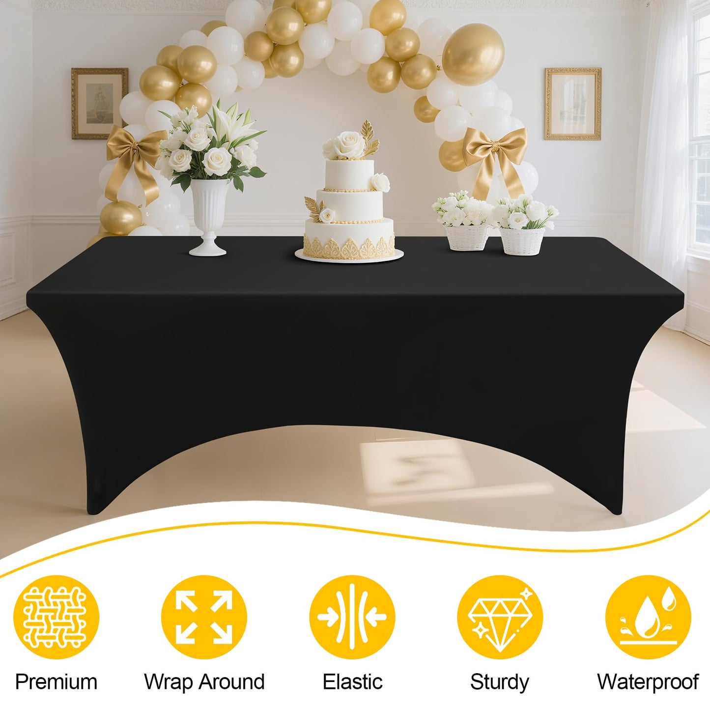 Smiry 6 Pack Spandex Table Cloth 6FT, Elastic Fitted Stretch Tablecloths, Washable and Wrinkle Free Rectangular Patio Talole Cover for Outdoor, Wedding, Banquet & Parties (Black,72Lx30Wx30H Inch)