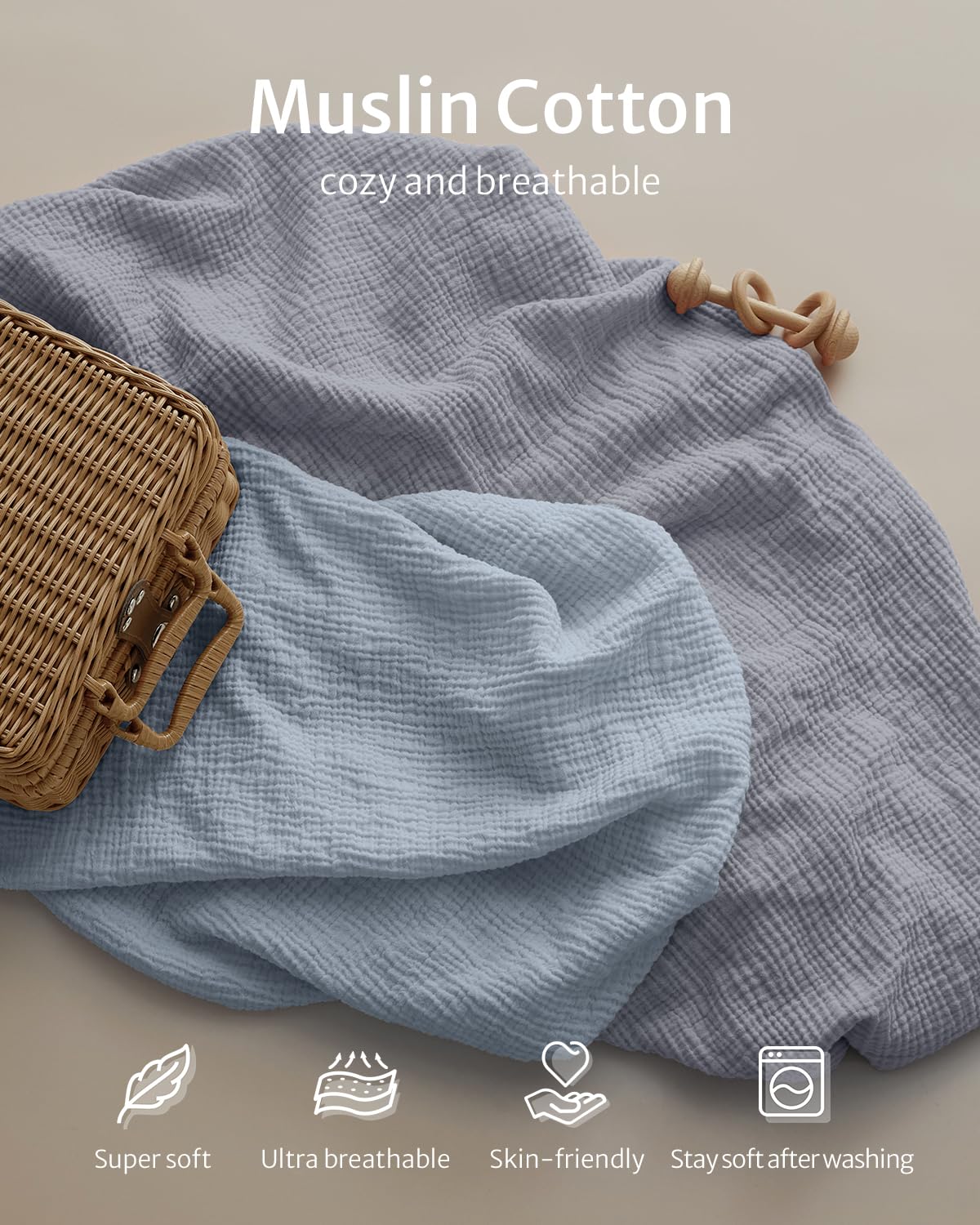 Blissful Diary Muslin Crib Sheets for Girl Boy, Boho Neutral Soft Cotton Baby Sheet for 52''x28'' Standard Crib Mattress, 2 Pack(Light Blue&Grey)