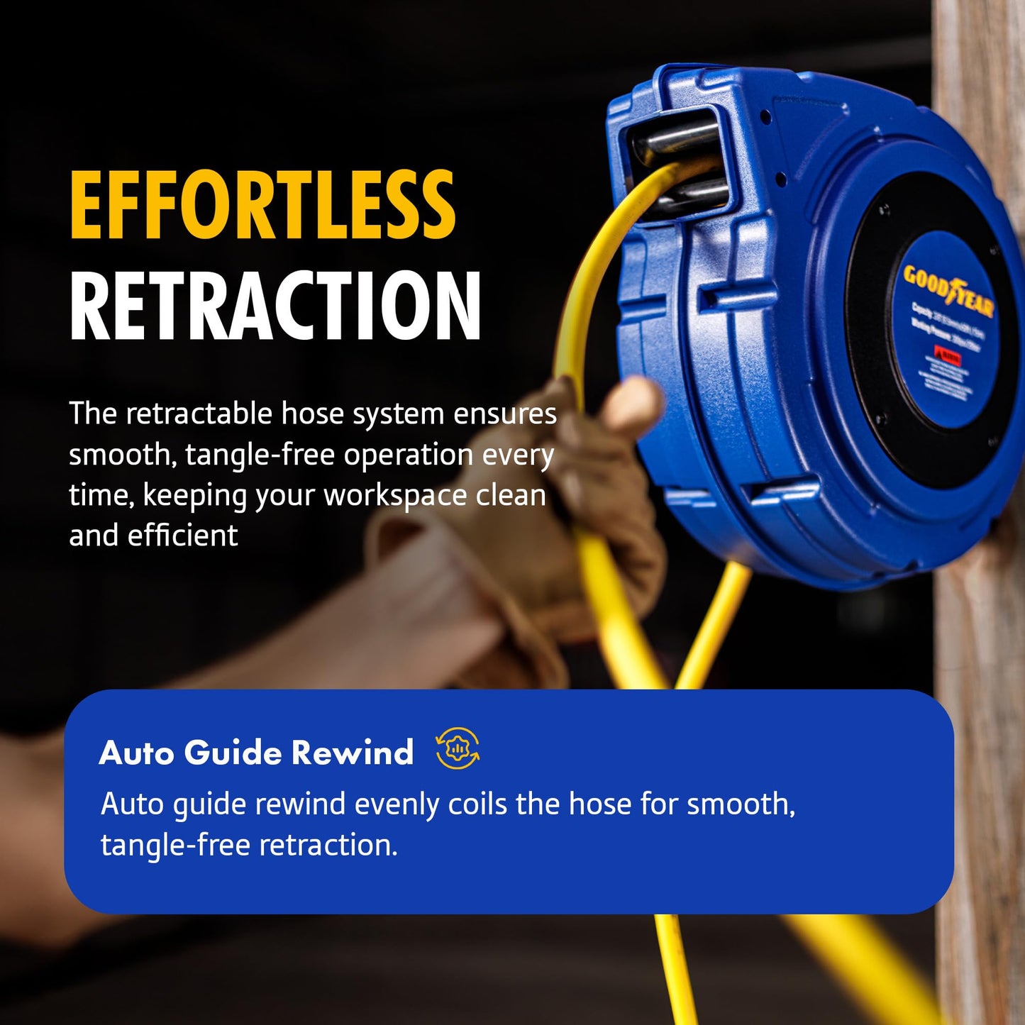 Goodyear Air Hose Reel Retractable 3/8" Inch x 50' Foot Hybrid Polymer Hose Max 300PSI Commerical Polypropylene Construction