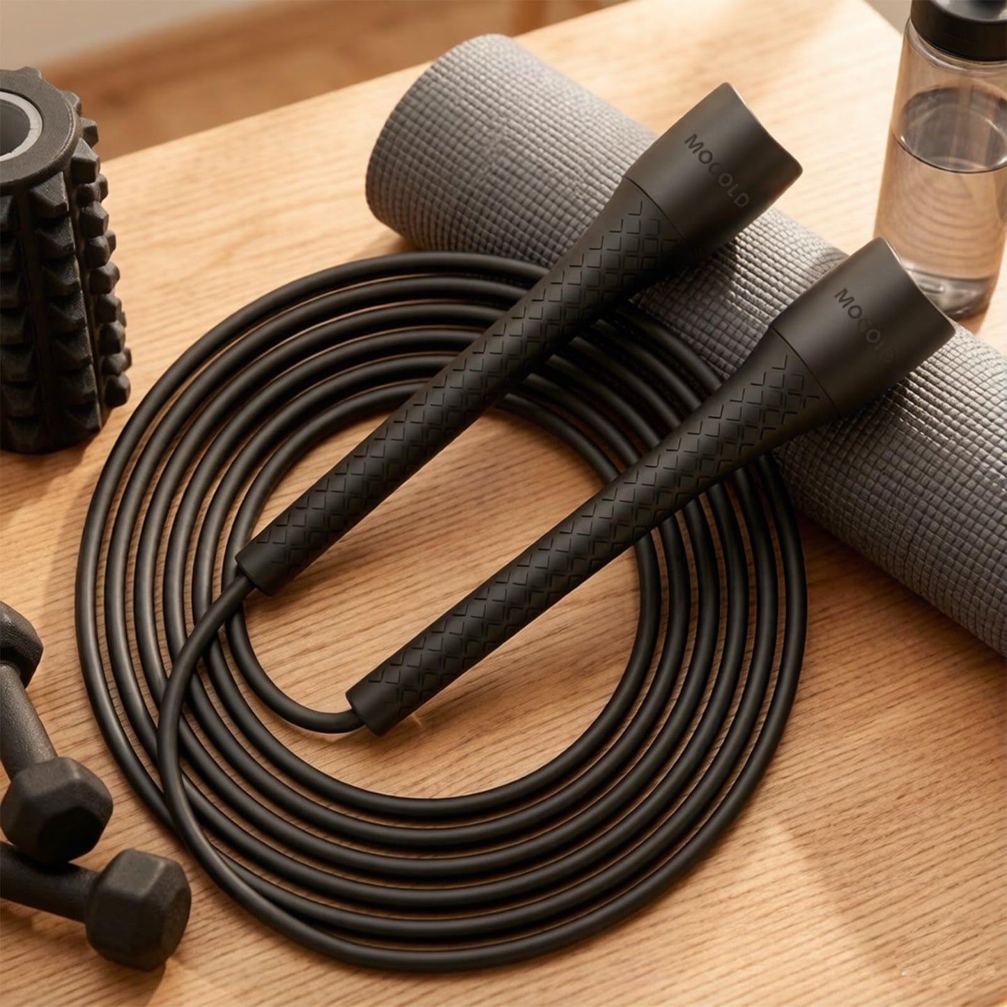 MOGOLD Unbreakable Jump Rope – Pro-Grade PP Handles with Diamond Texture, 40X Strength PVC Cord, Adjustable 3m Length for HIIT, Home Gym, or Boxing Training (Portable & Tangle-Free) (Black handle with white cord)