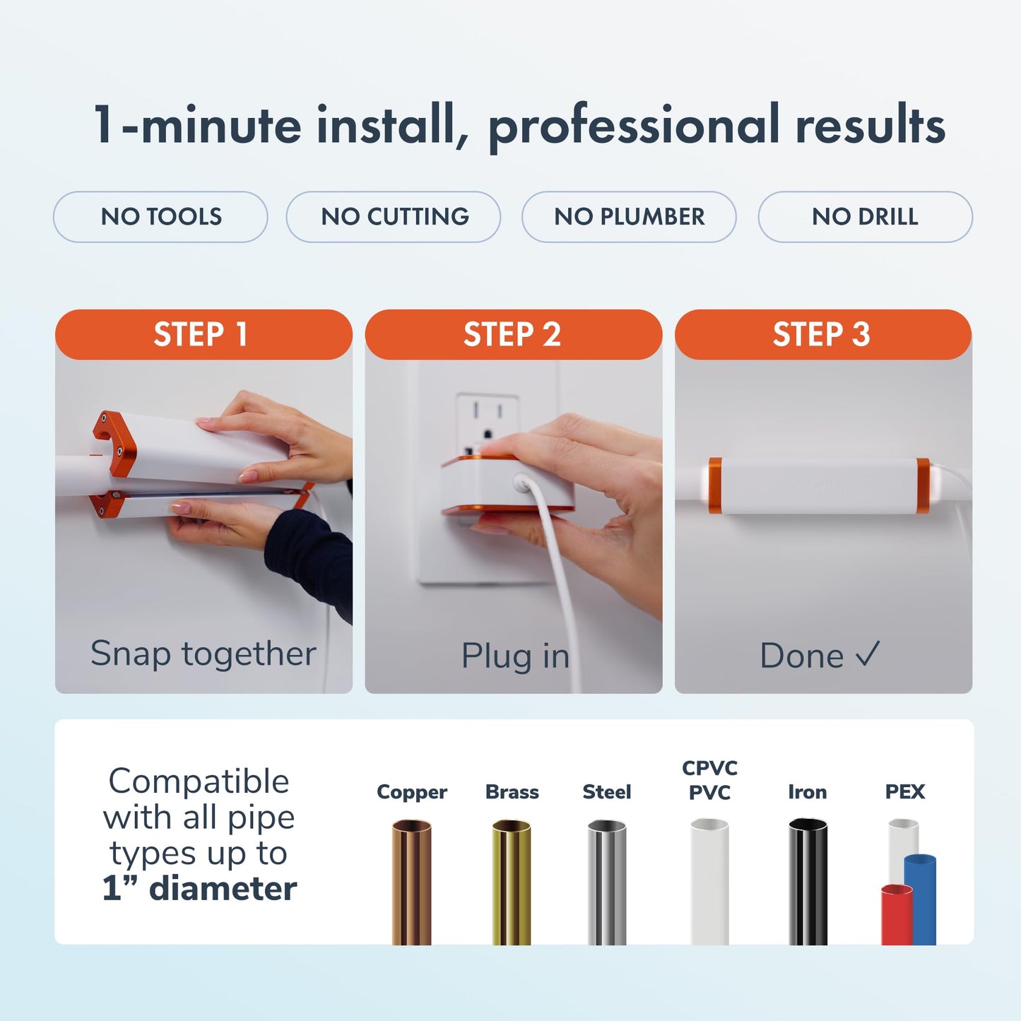 PIURIFY Over-Pipe Whole House Electronic Water Descaler System | Moderate to High Water Hardness | UP to 15 GPG / 250 PPM | 168V High-Power | Salt-Free | Renter-Friendly | Zero Maintenance (Orange)