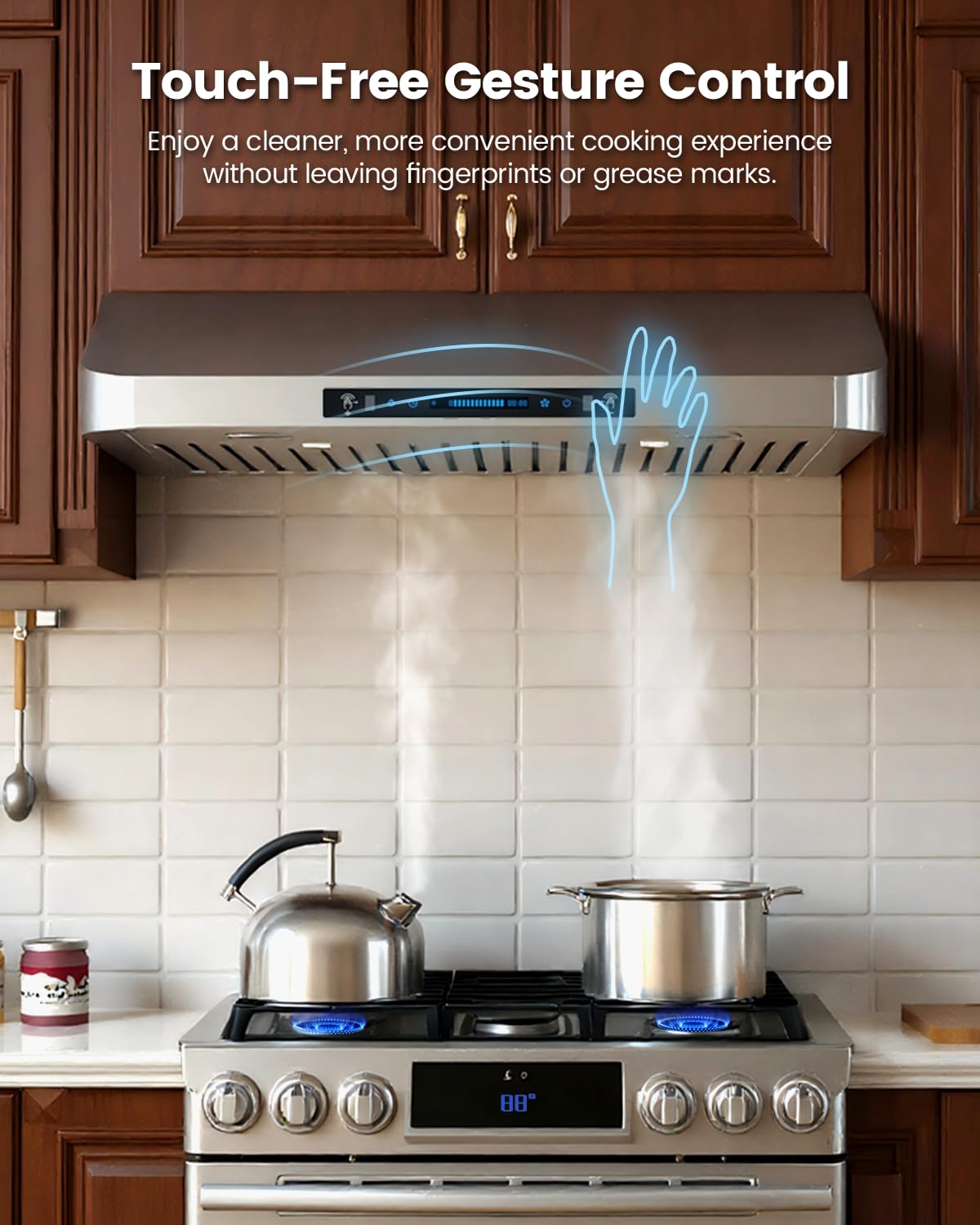 JOCO 30 Inch Under Cabinet Range Hood, 900 CFM Stainless Steel Kitchen Vent Hood, 4-Speed Gesture/Touch/Remote Control C01-30G