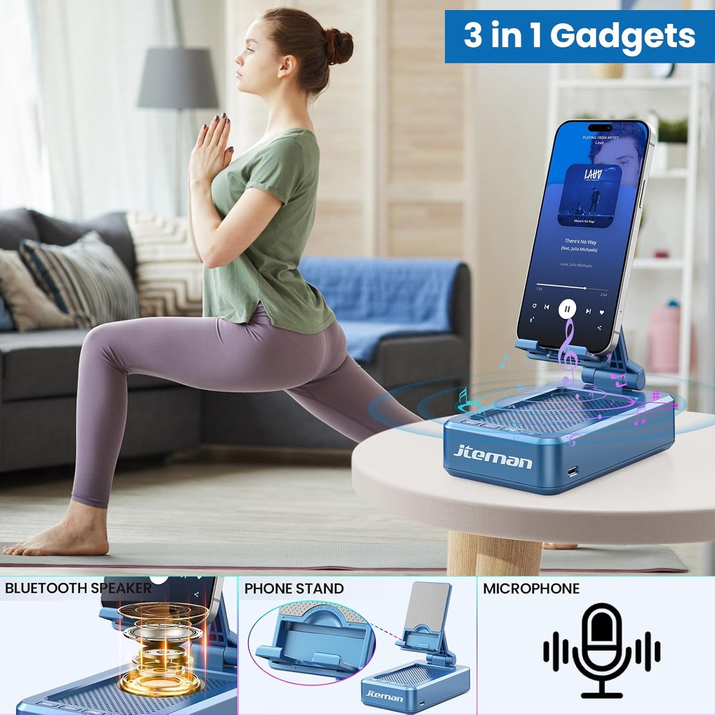 JTEMAN Cell Phone Stand with Bluetooth Speaker, HD Stereo Sound & Anti-Slip Base, Foldable Adjustable Desktop Phone