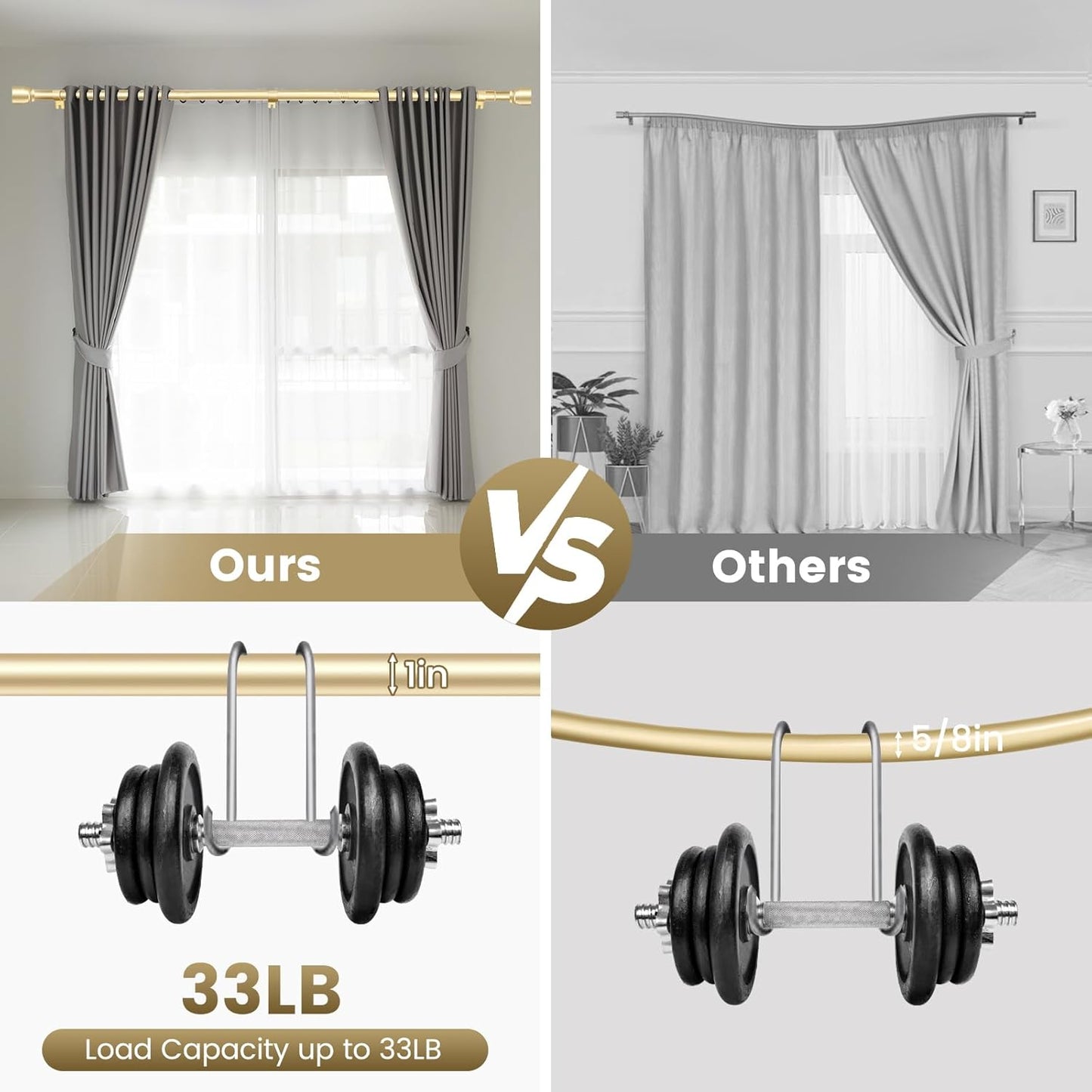 Skiennix 1” Diameter Adjustable Curtain Rod - Heavy Duty Metal, Fits 30-144 Inches, Gold Finish