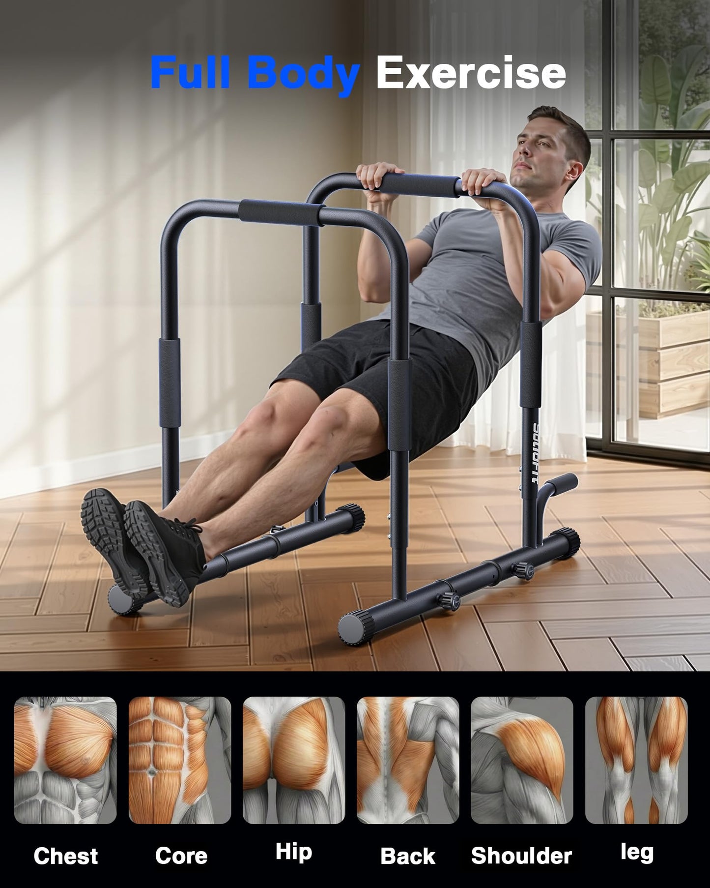 SolidFit 2-in-1 Dip Bar Station - Dip Bars & Push Up Bars Calisthenics Equipment with 420LB Bolt Washer Stable Design Dual Inner Connectors Portable Adjustable for Home Gym Strength Training Black