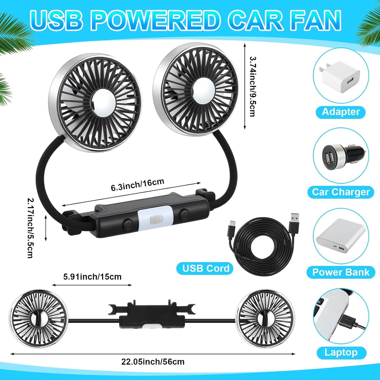 2 360 DaisyInner Pcs Car Fan for Backseat Dual Backseat Cooling Degree Rotatable Seat Fans with LED Light USB Car Rear