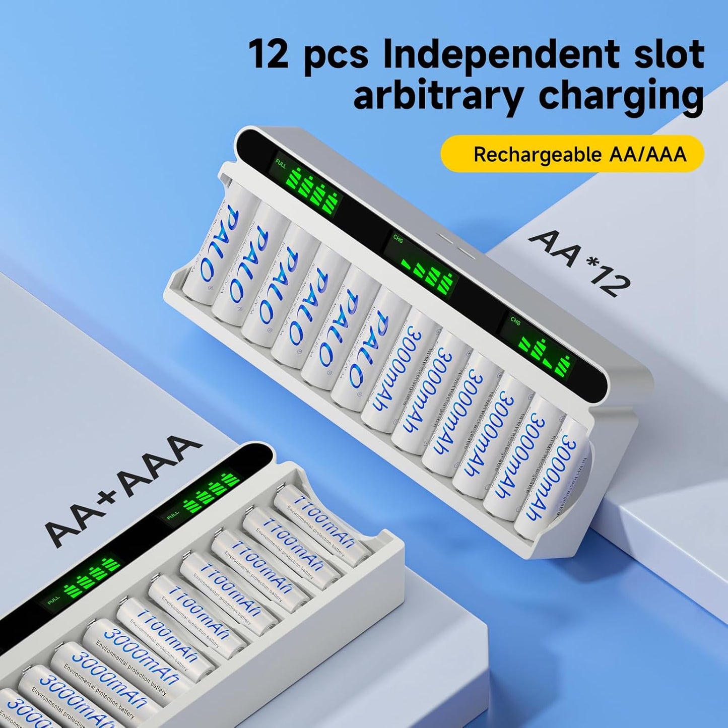 Mspalocell 12 Bay AA AAA Battery Charger, USB High-Speed Charging, Independent Slot, for Ni-MH Ni-CD Rechargeable
