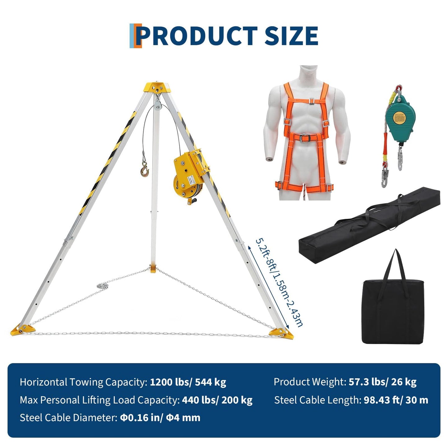 Adjustable Confined Space Tripod Rescue System – 1200 Lbs Winch, Self-Locking Safety, 49 ft Steel Cable, Safety Harness & Storage Bag, for Well, Sewer, Manhole, Tank Operations (Fall Protection)
