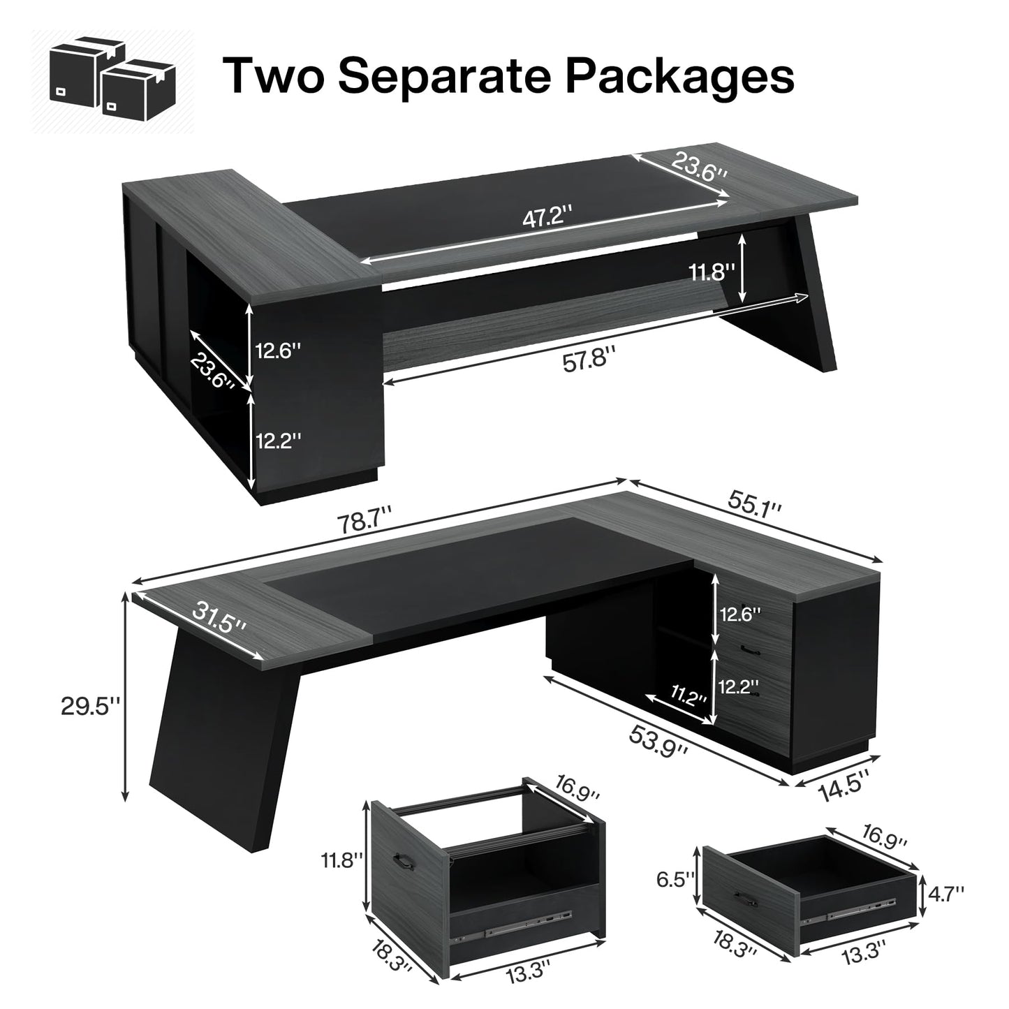 Tribesigns L-Shaped Executive Desk, 78-Inch Modern Office Desk with Drawers and Lateral File Cabinet, Large Bussiness Furniture with Storage Shelves, Workstation for Home Office (Grey + Black)