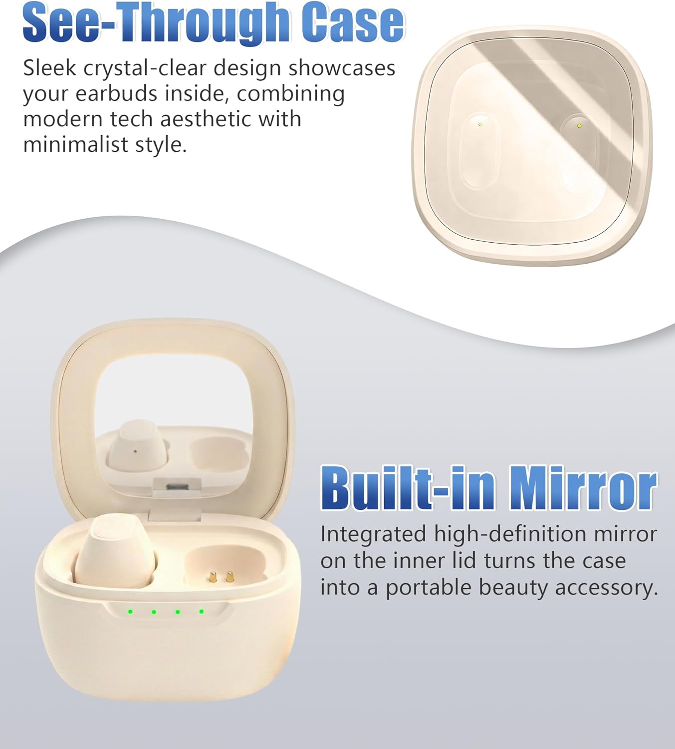 STUPIDYIN 5.3 30H IP54 Wireless Earbuds, Bluetooth Headphones with Makeup Mirror Charging Case, Semi-Transparent